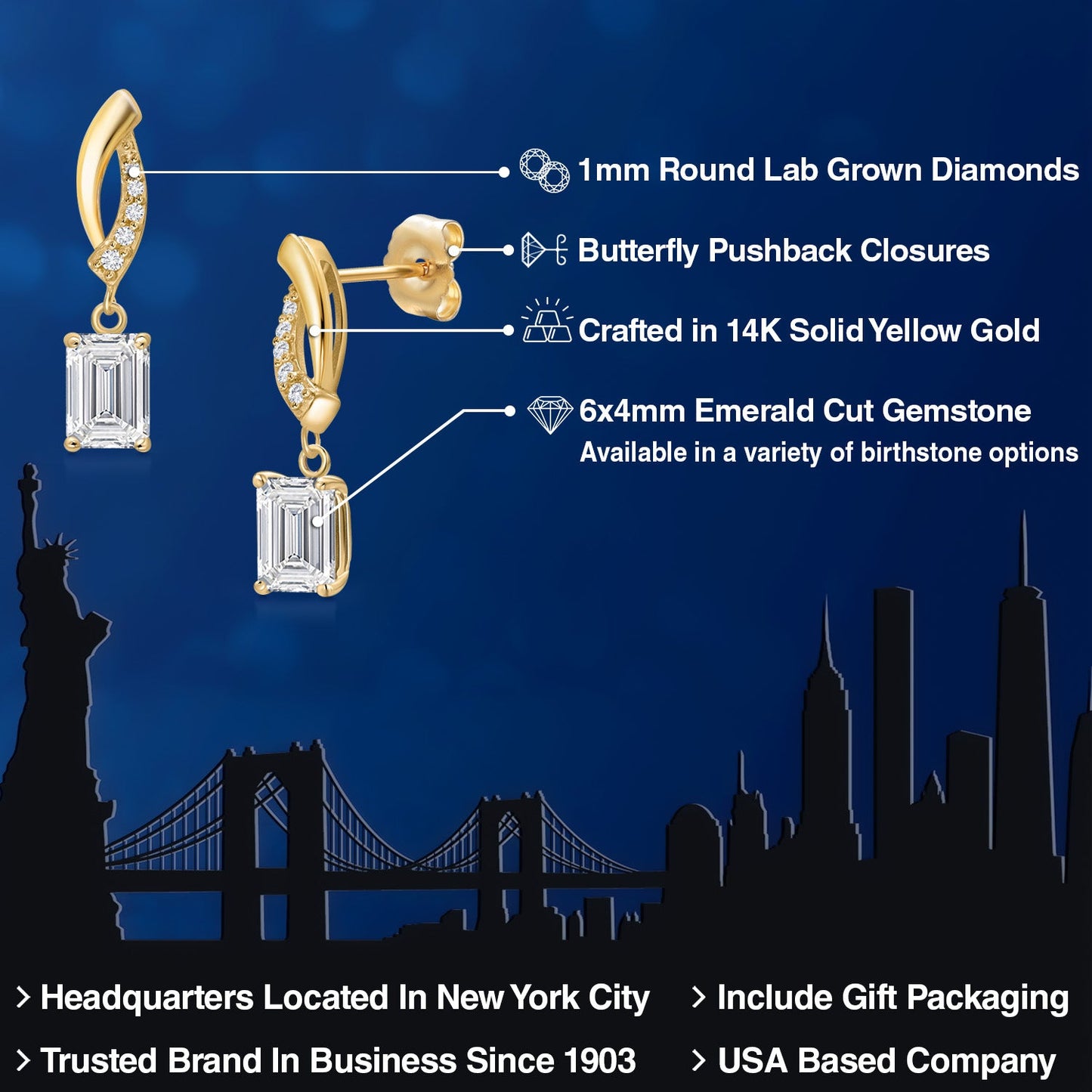14K Yellow Gold Gemstone Birthstone and Lab Grown Diamond Dangle Earrings for Women | Emerald Cut 6X4MM and Round 1MM | Fine Jewelry Gifts for Her Mom Women Wife
