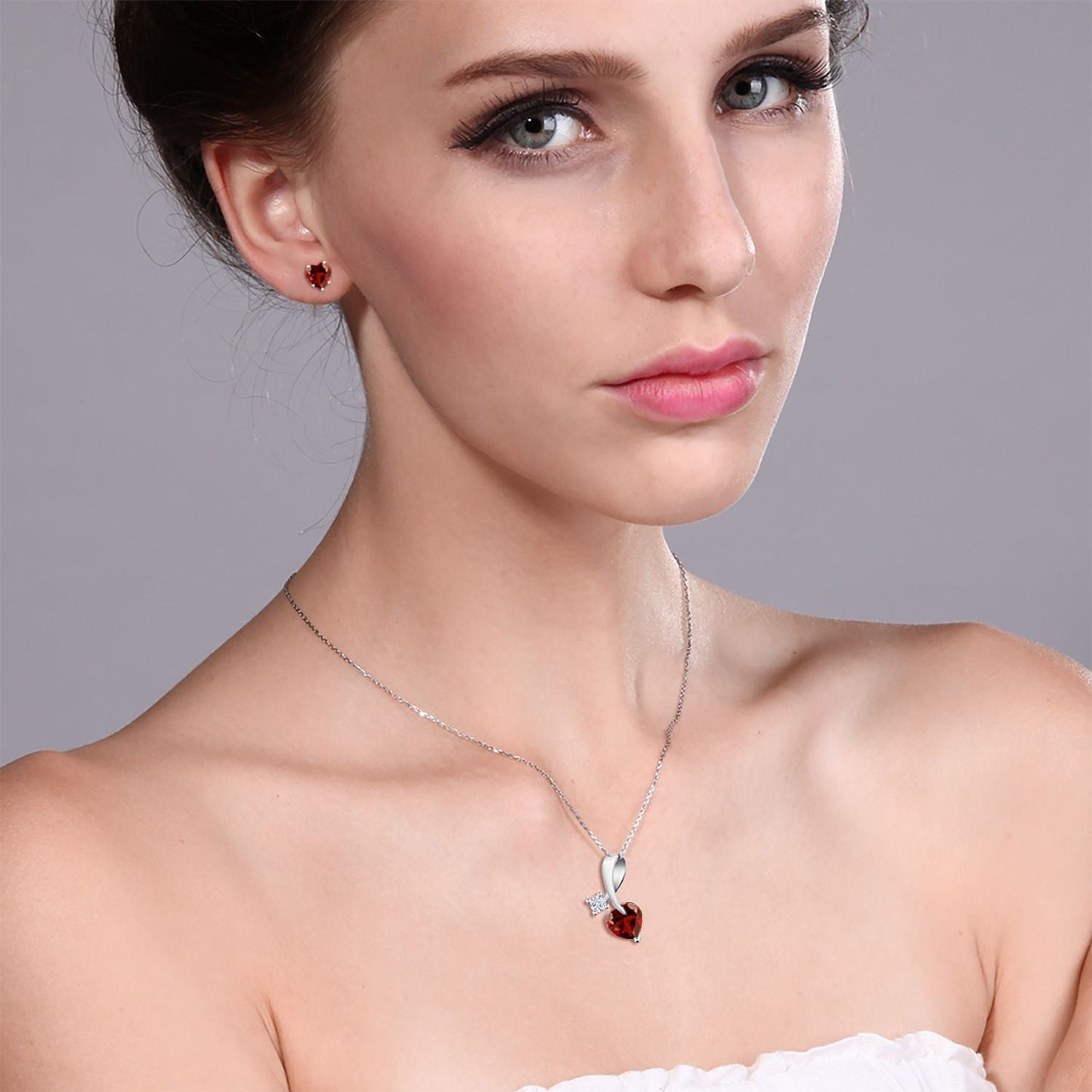 925 Silver Red Garnet Heart Shape Pendant and Earrings Jewelry Set For Women (2.51 Cttw, Gemstone January Birthstone, with 18 Inch Chain)