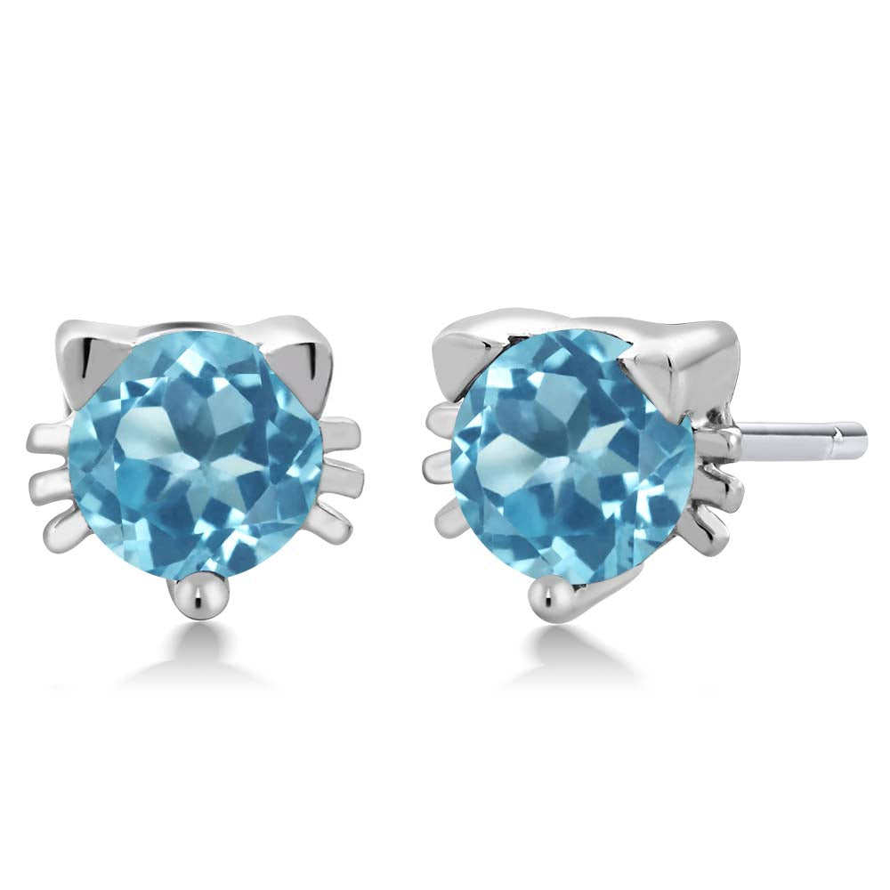 5MM Round Gemstone Birthstone Kitty Cat Stud Earrings | 925 Sterling Silver | Kitten Cat Earrings For Women Men Cat Lovers