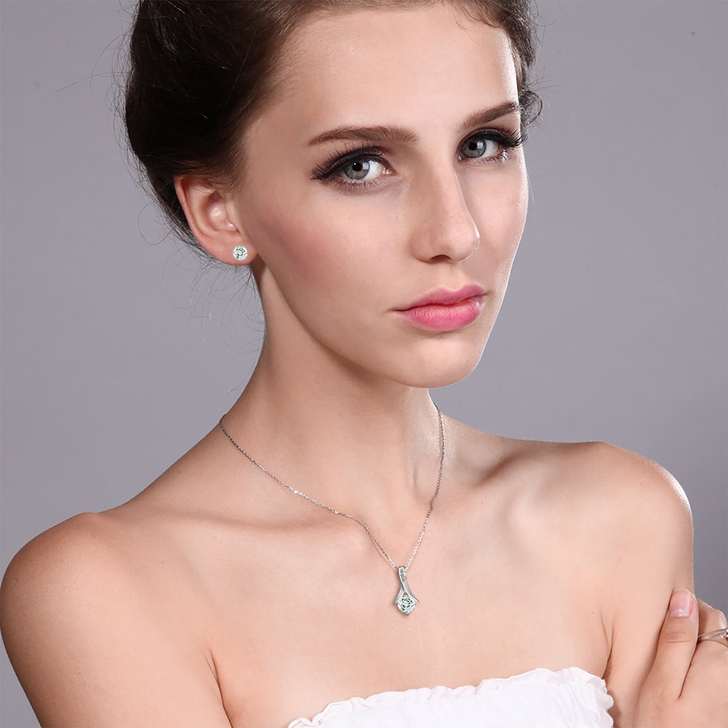 925 Sterling Silver Sky Blue Aquamarine and White Diamond Pendant Earrings Jewelry Set Gift Set For Women (2.30 Cttw, Round Cut with 18 Inch Silver Chain)