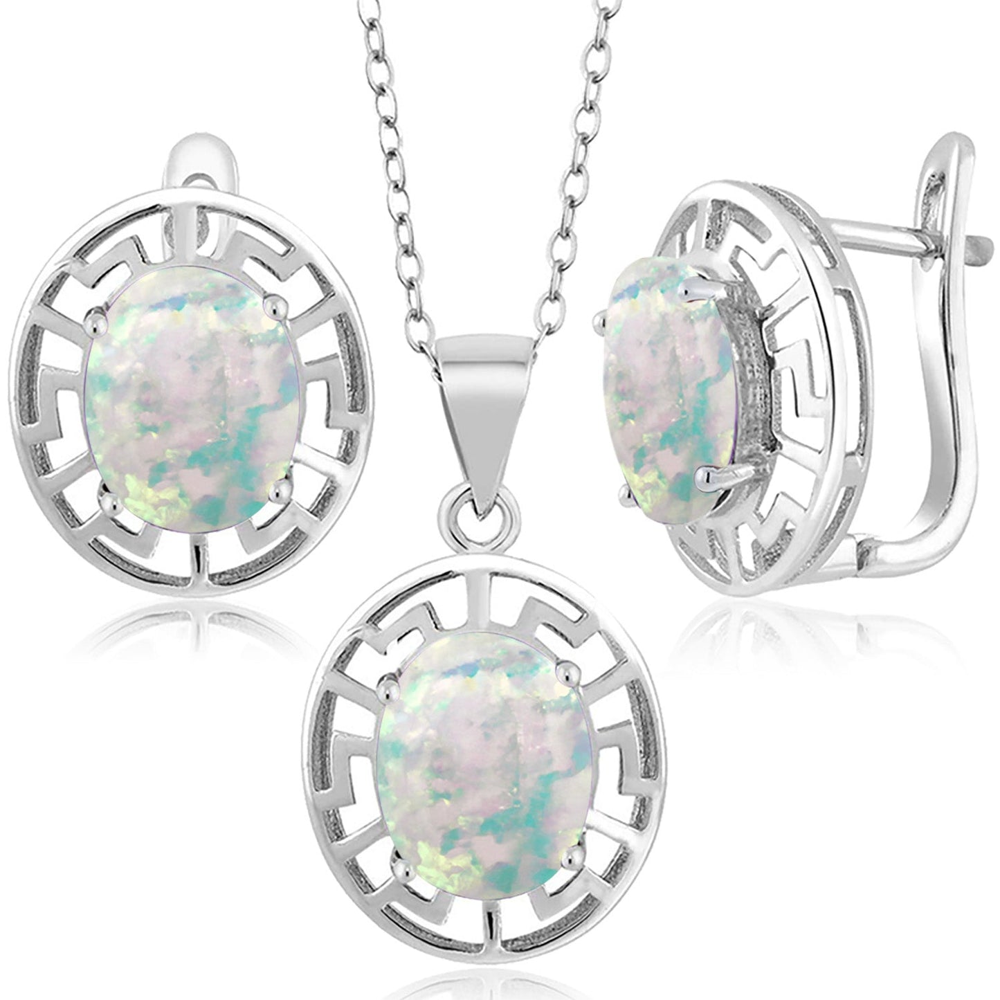 925 Sterling Silver 10X8MM Oval Gemstone Birthstone Greek Key Pendant and Earrings Jewelry Set For Women | With 18 Inch Silver Chain
