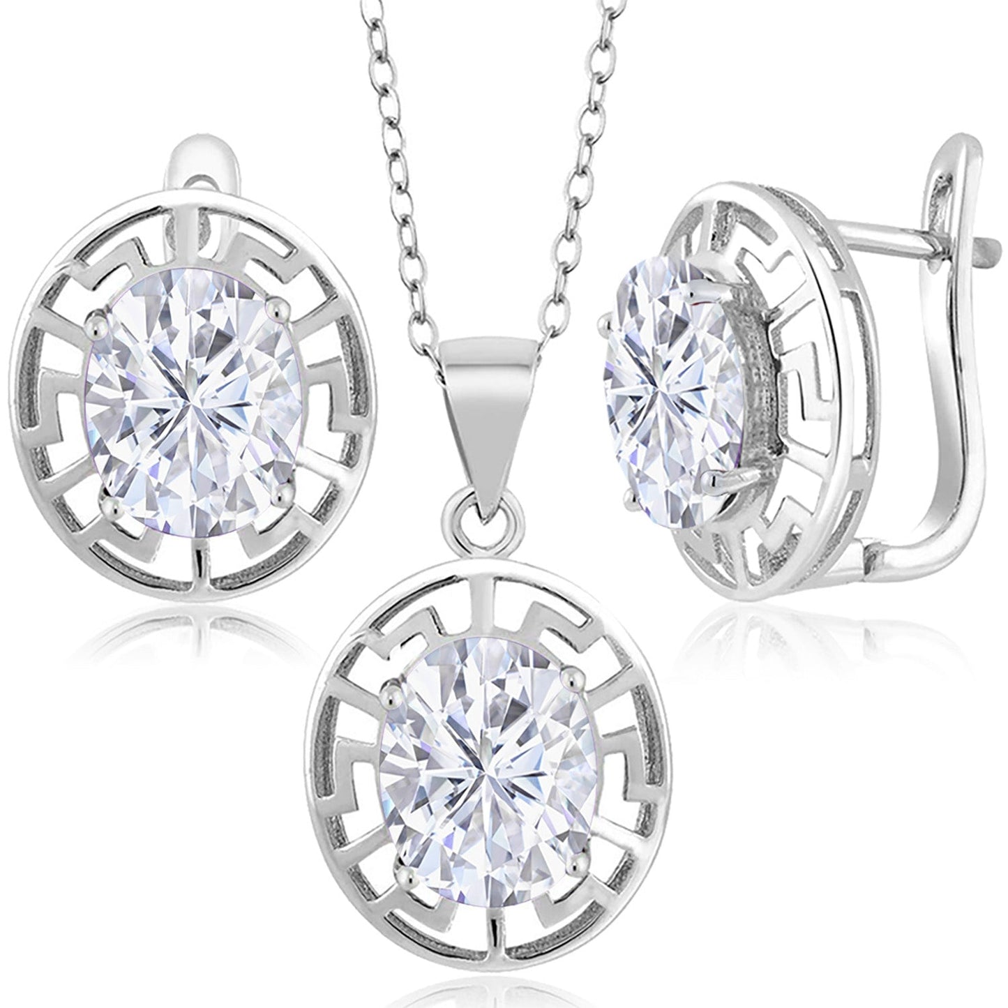 925 Sterling Silver 10X8MM Oval Gemstone Birthstone Greek Key Pendant and Earrings Jewelry Set For Women | With 18 Inch Silver Chain