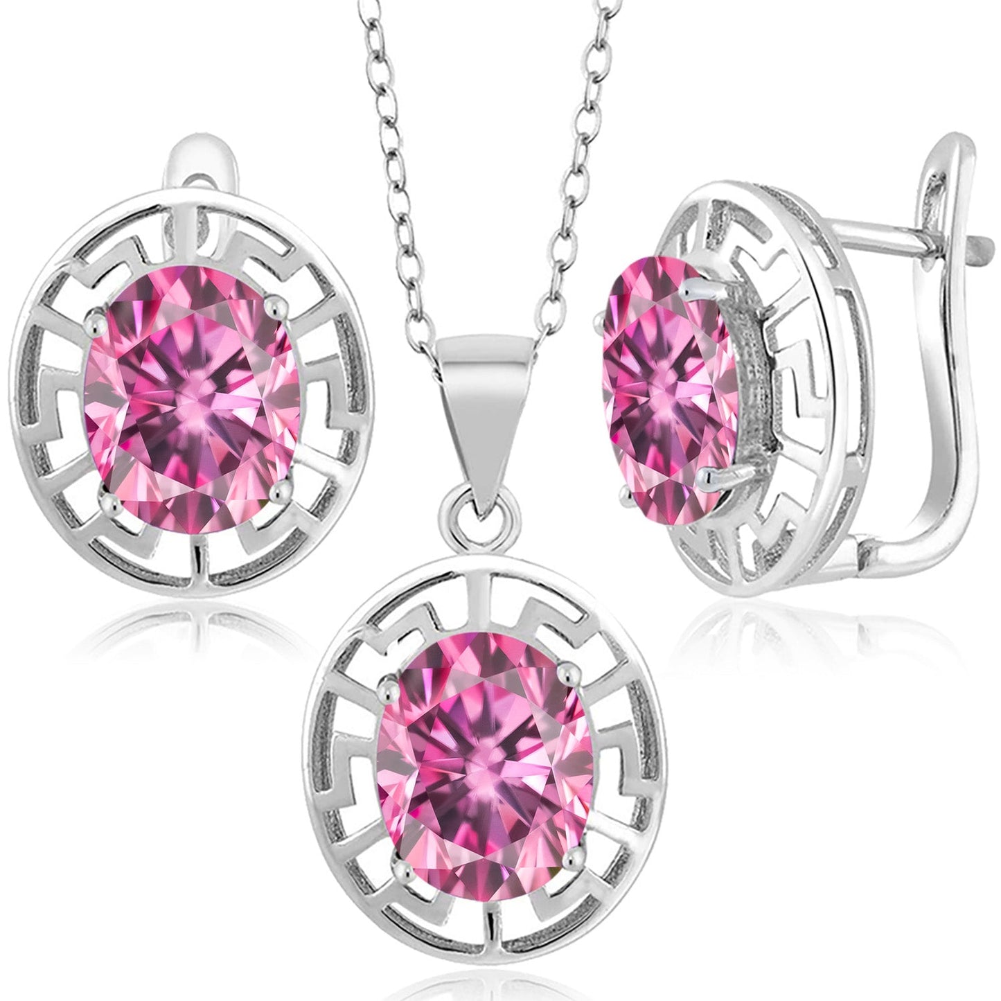 925 Sterling Silver 10X8MM Oval Gemstone Birthstone Greek Key Pendant and Earrings Jewelry Set For Women | With 18 Inch Silver Chain