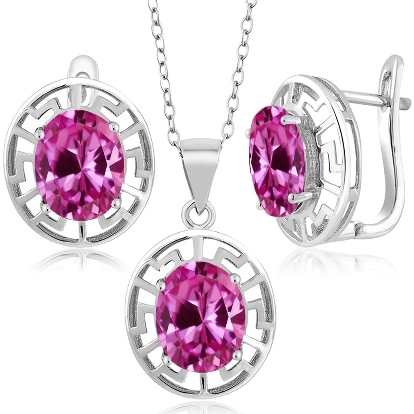 925 Sterling Silver 10X8MM Oval Gemstone Birthstone Greek Key Pendant and Earrings Jewelry Set For Women | With 18 Inch Silver Chain