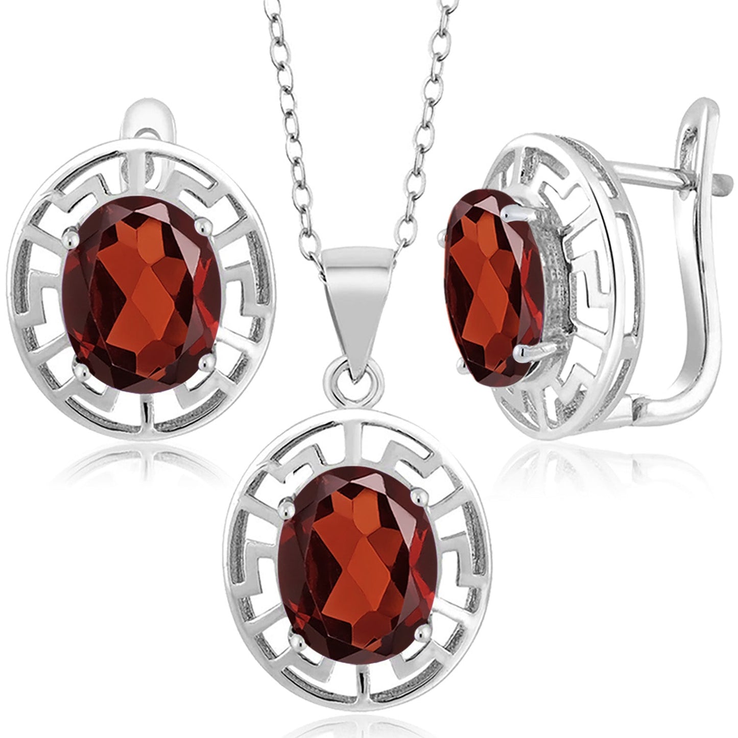 925 Sterling Silver 10X8MM Oval Gemstone Birthstone Greek Key Pendant and Earrings Jewelry Set For Women | With 18 Inch Silver Chain