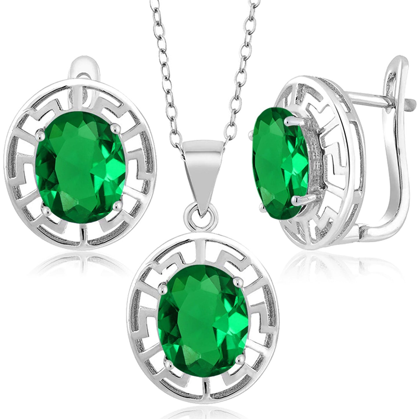 925 Sterling Silver 10X8MM Oval Gemstone Birthstone Greek Key Pendant and Earrings Jewelry Set For Women | With 18 Inch Silver Chain