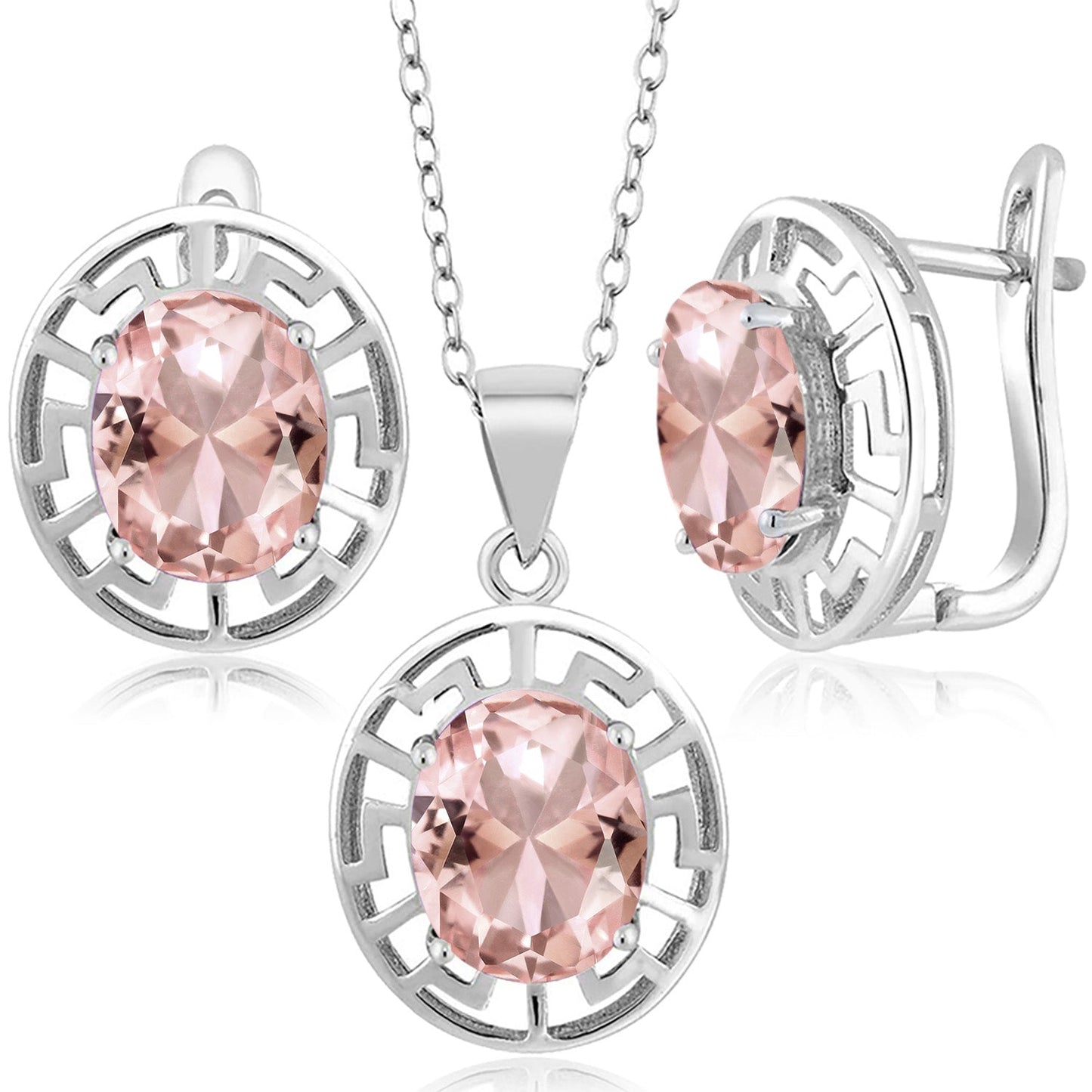 925 Sterling Silver 10X8MM Oval Gemstone Birthstone Greek Key Pendant and Earrings Jewelry Set For Women | With 18 Inch Silver Chain