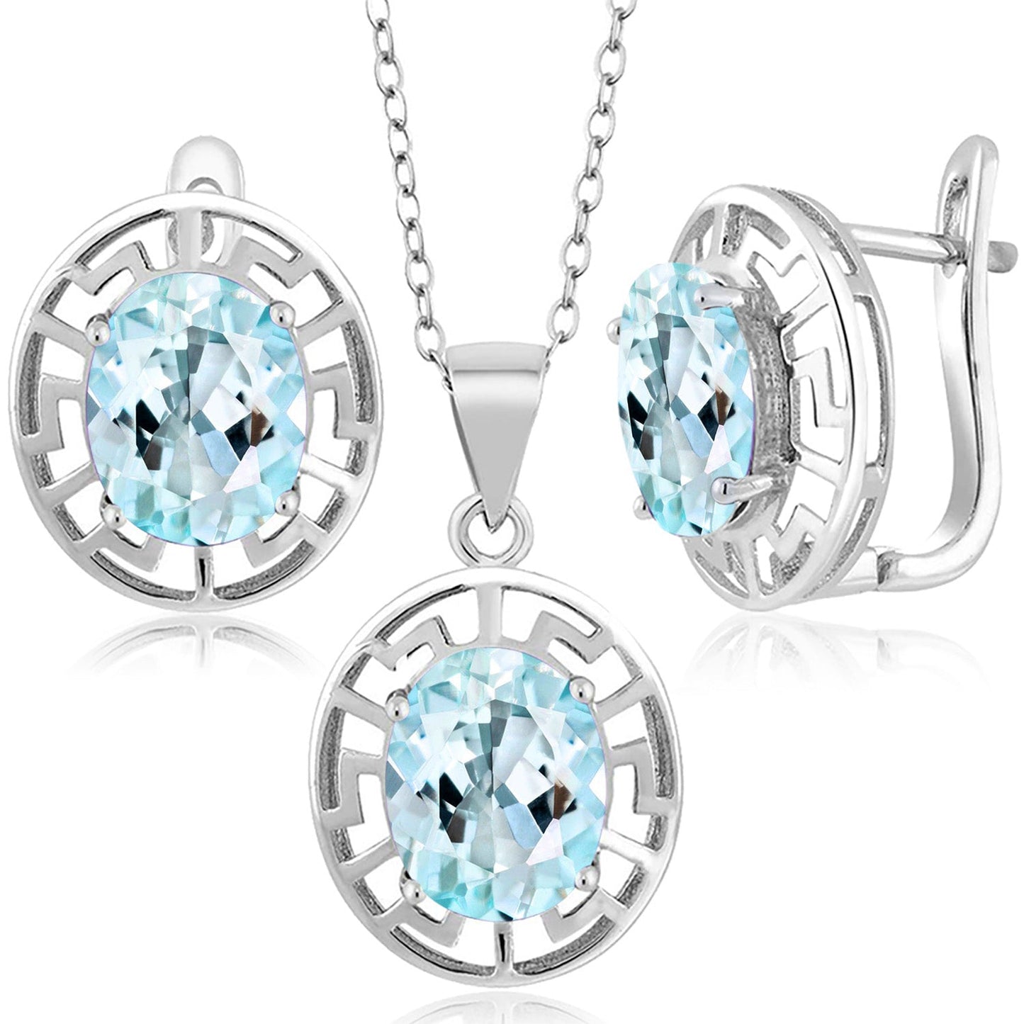 925 Sterling Silver 10X8MM Oval Gemstone Birthstone Greek Key Pendant and Earrings Jewelry Set For Women | With 18 Inch Silver Chain