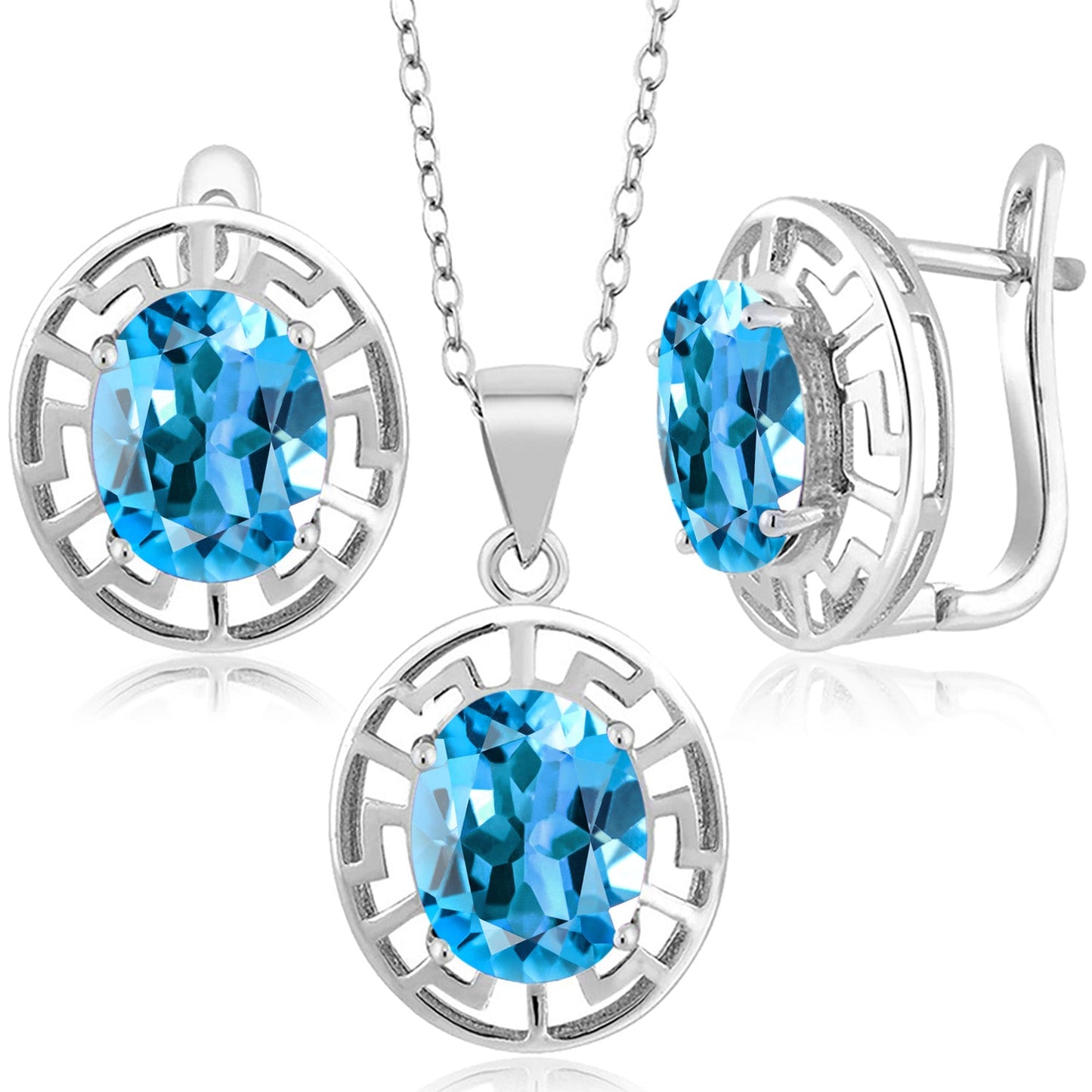 925 Sterling Silver 10X8MM Oval Gemstone Birthstone Greek Key Pendant and Earrings Jewelry Set For Women | With 18 Inch Silver Chain