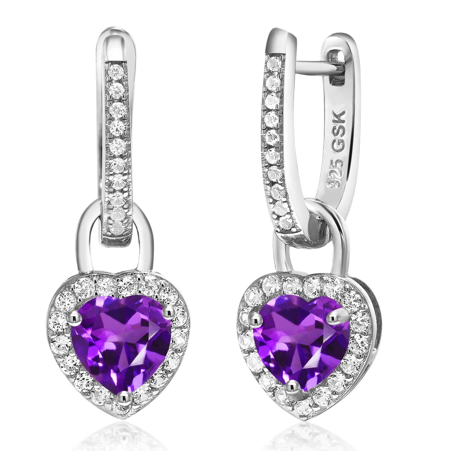 6MM Heart Shape Gemstone Birthstone and White Created Sapphire Heart Earrings | 925 Sterling Silver | Drop Dangle Earrings for Women