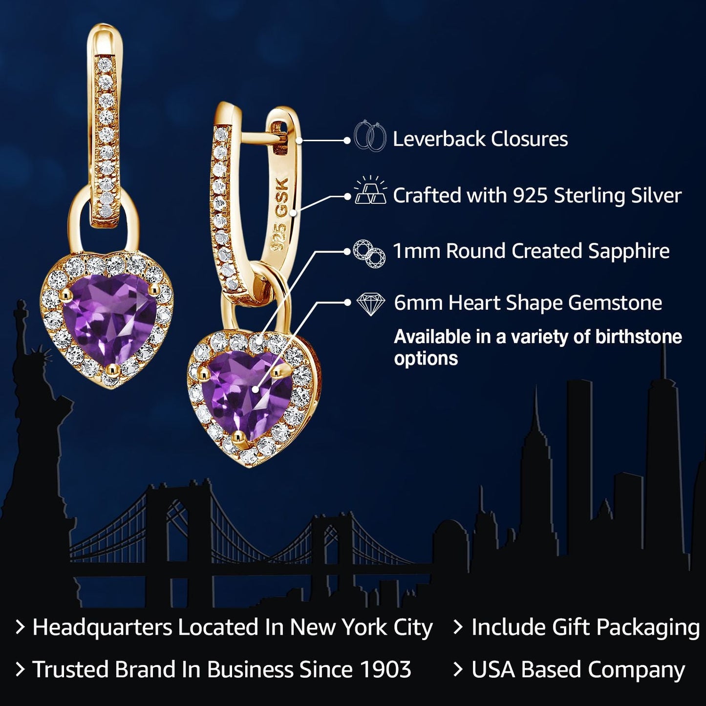 18K Yellow Gold Plated Silver Heart Gemstone Birthstone and White Created Sapphire Earrings | Heart Shape 6MM | Drop Dangle Earrings for Women
