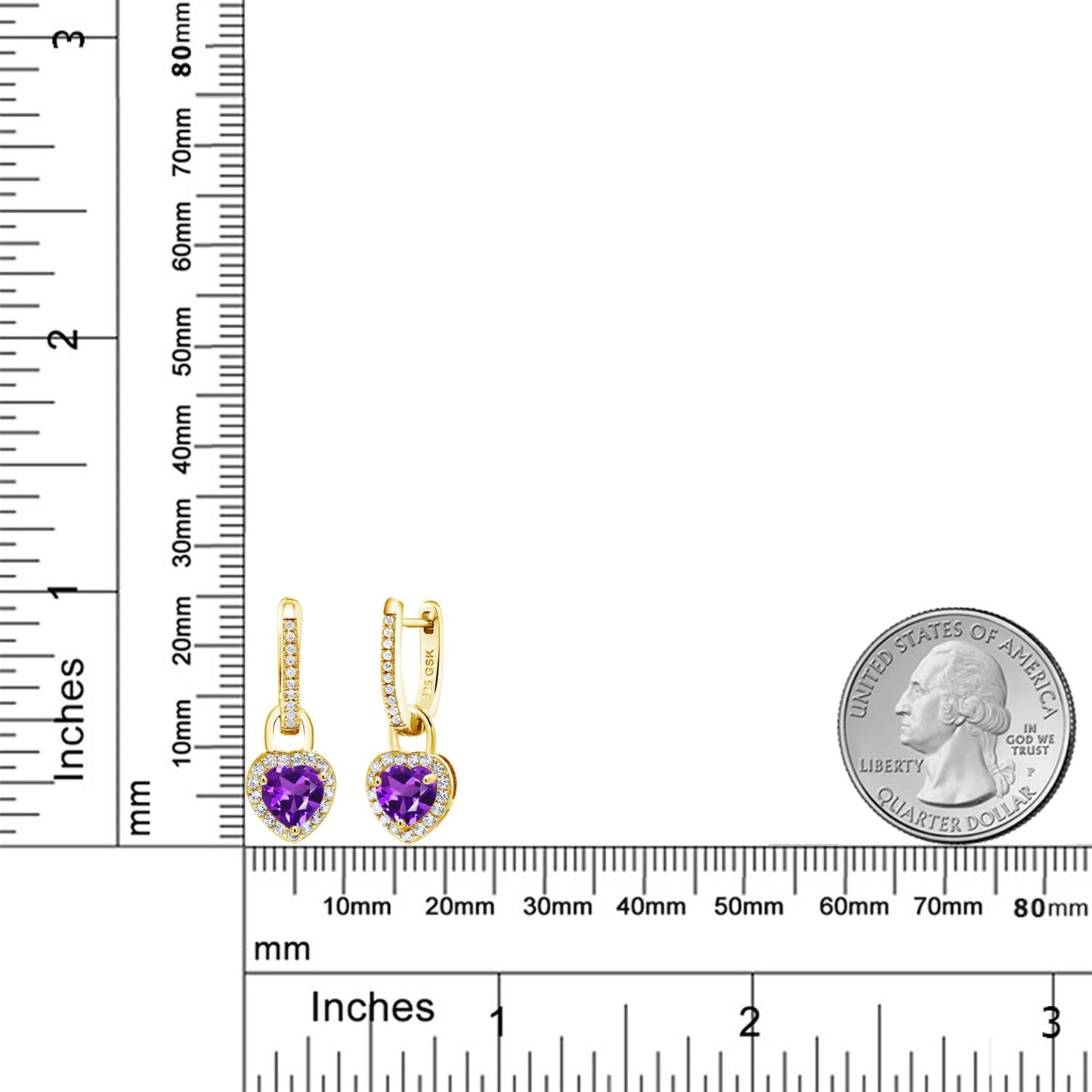 18K Yellow Gold Plated Silver Heart Gemstone Birthstone and White Created Sapphire Earrings | Heart Shape 6MM | Drop Dangle Earrings for Women