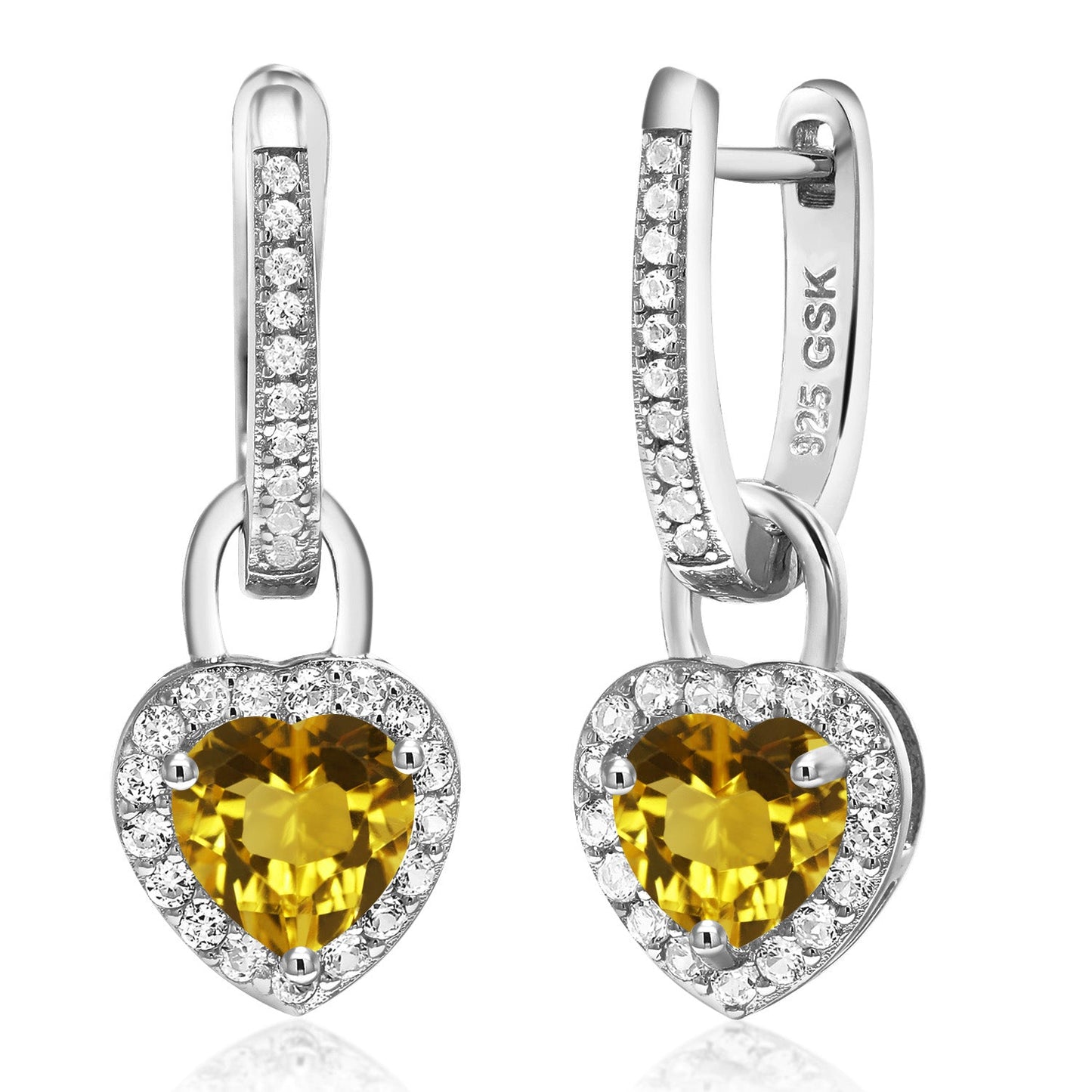 6MM Heart Shape Gemstone Birthstone and White Created Sapphire Heart Earrings | 925 Sterling Silver | Drop Dangle Earrings for Women