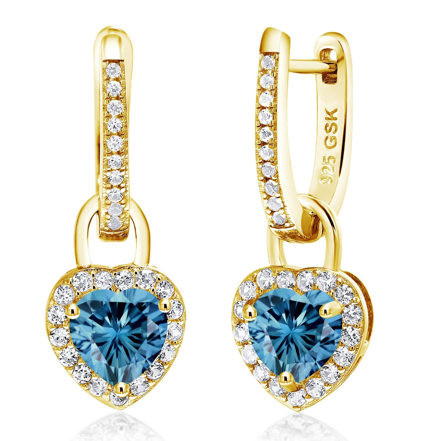 18K Yellow Gold Plated Silver Heart Gemstone Birthstone and White Created Sapphire Earrings | Heart Shape 6MM | Drop Dangle Earrings for Women