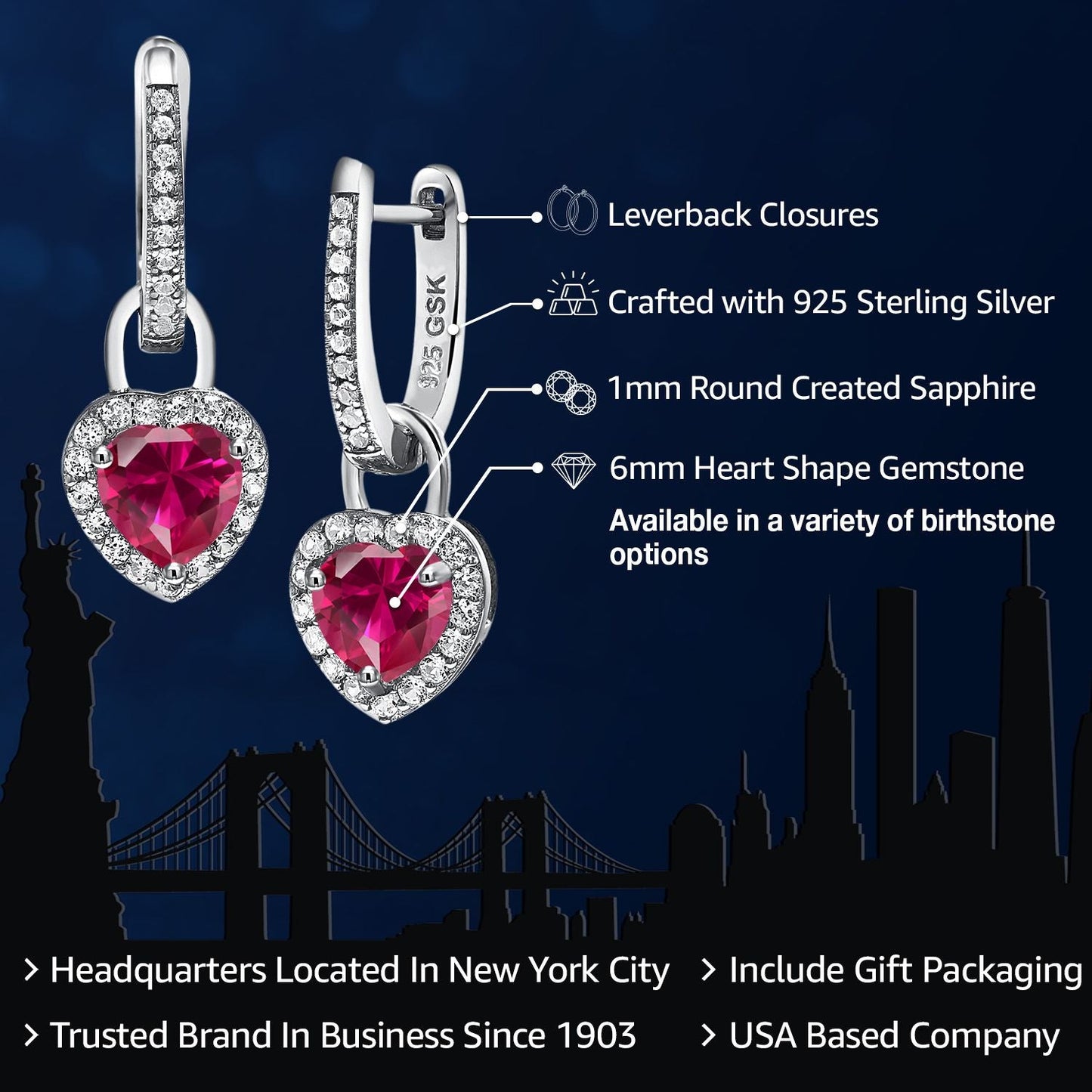 6MM Heart Shape Gemstone Birthstone and White Created Sapphire Heart Earrings | 925 Sterling Silver | Drop Dangle Earrings for Women