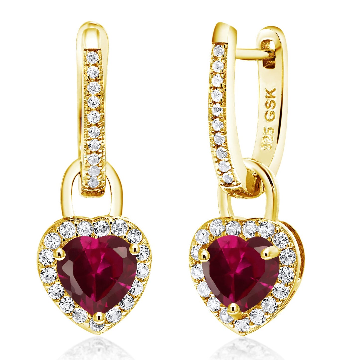18K Yellow Gold Plated Silver Heart Gemstone Birthstone and White Created Sapphire Earrings | Heart Shape 6MM | Drop Dangle Earrings for Women