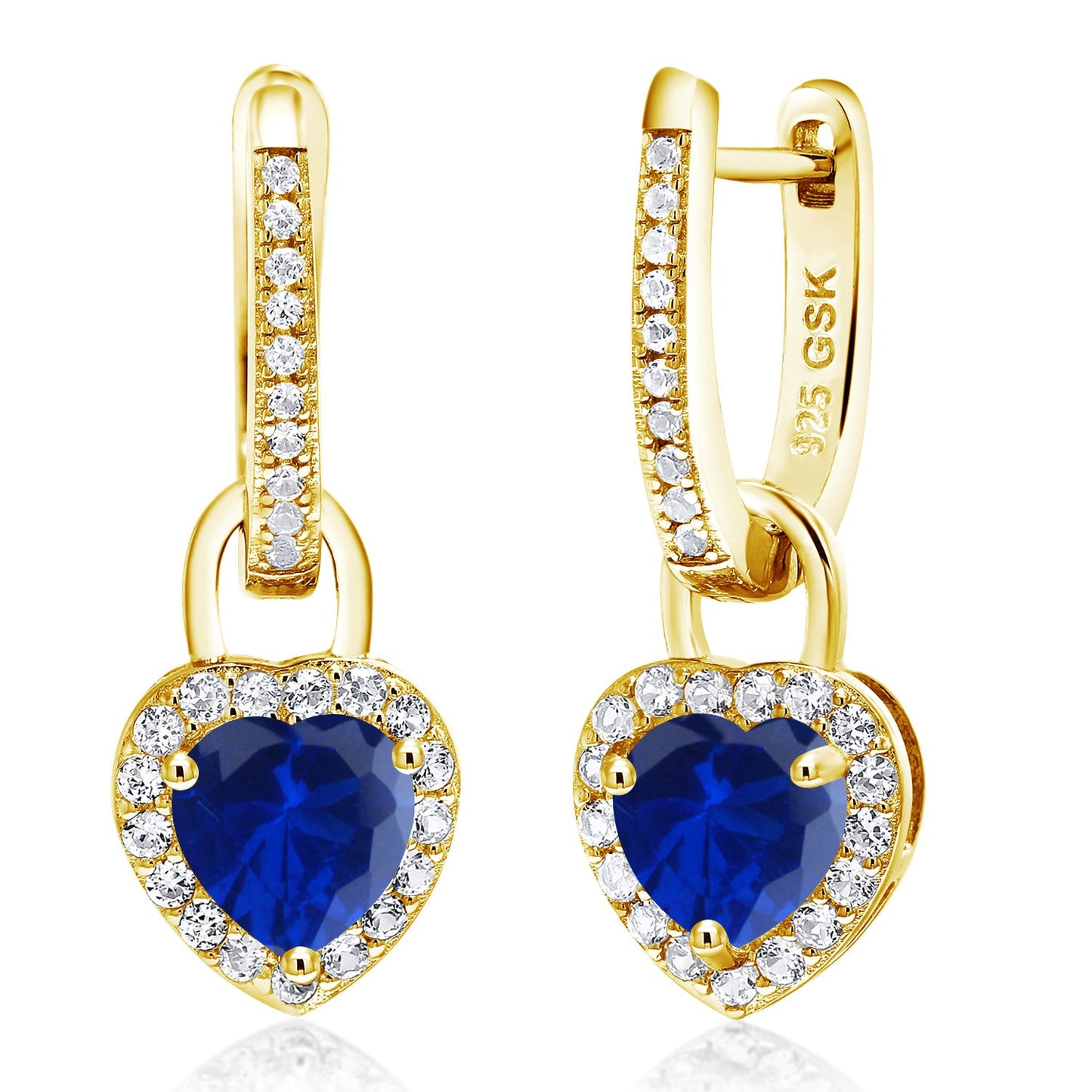 18K Yellow Gold Plated Silver Heart Gemstone Birthstone and White Created Sapphire Earrings | Heart Shape 6MM | Drop Dangle Earrings for Women