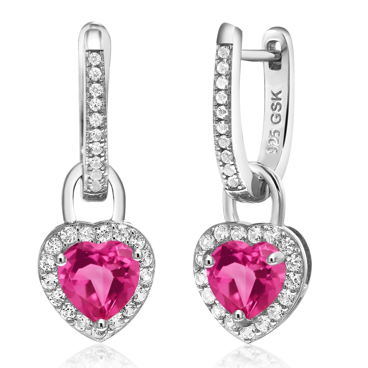 6MM Heart Shape Gemstone Birthstone and White Created Sapphire Heart Earrings | 925 Sterling Silver | Drop Dangle Earrings for Women