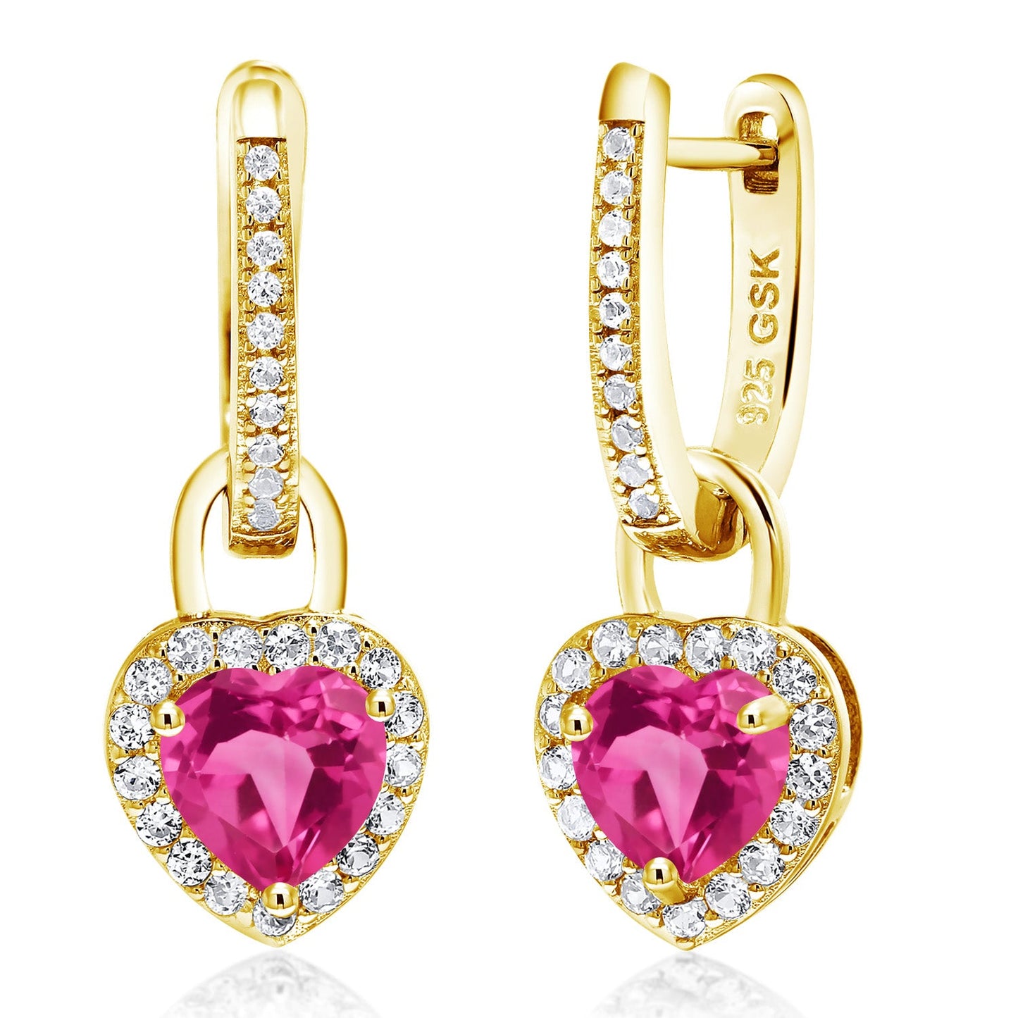 18K Yellow Gold Plated Silver Heart Gemstone Birthstone and White Created Sapphire Earrings | Heart Shape 6MM | Drop Dangle Earrings for Women