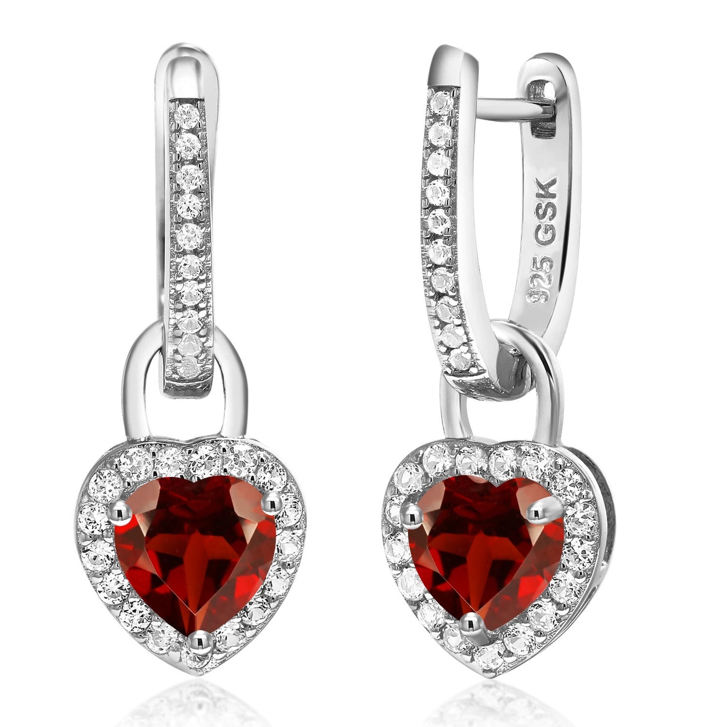 6MM Heart Shape Gemstone Birthstone and White Created Sapphire Heart Earrings | 925 Sterling Silver | Drop Dangle Earrings for Women