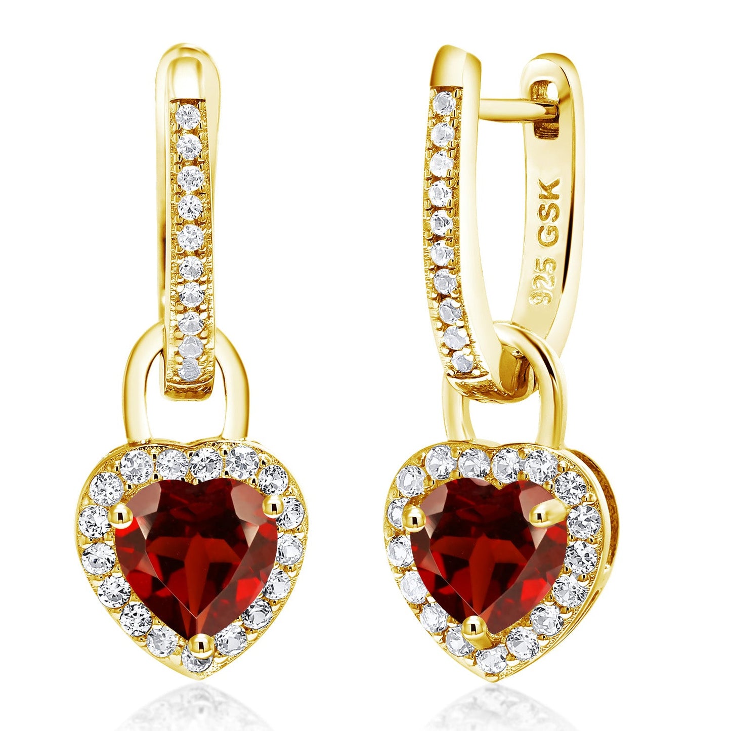 18K Yellow Gold Plated Silver Heart Gemstone Birthstone and White Created Sapphire Earrings | Heart Shape 6MM | Drop Dangle Earrings for Women
