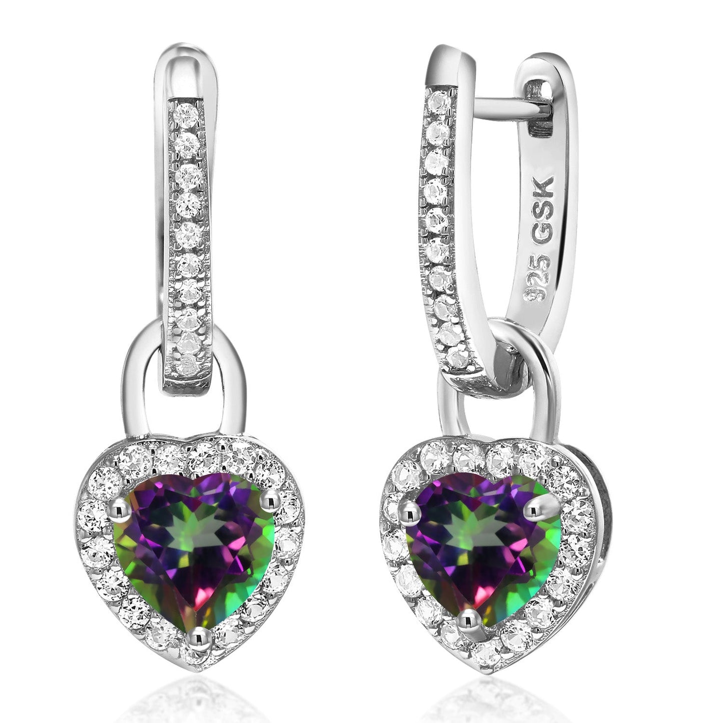 6MM Heart Shape Gemstone Birthstone and White Created Sapphire Heart Earrings | 925 Sterling Silver | Drop Dangle Earrings for Women