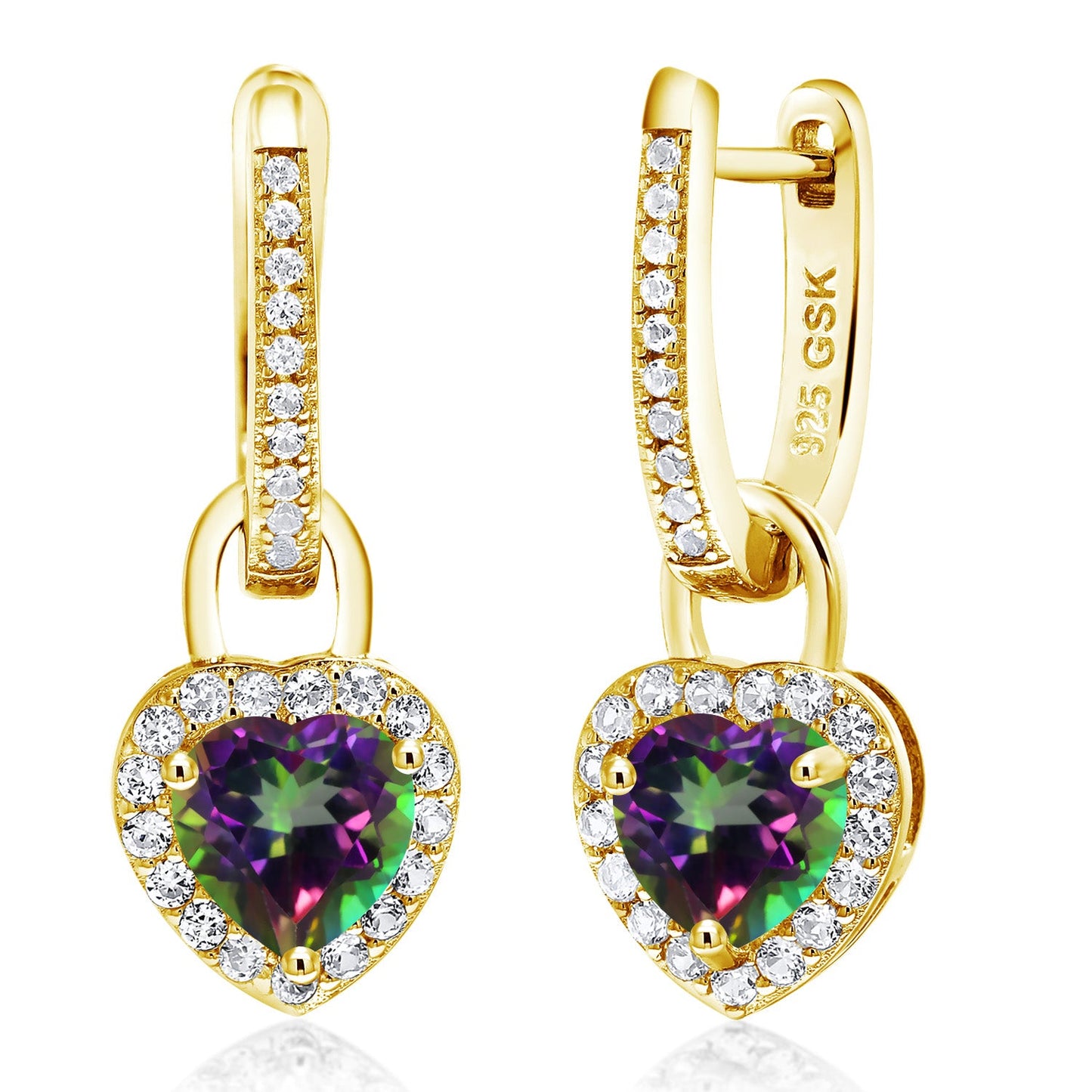 18K Yellow Gold Plated Silver Heart Gemstone Birthstone and White Created Sapphire Earrings | Heart Shape 6MM | Drop Dangle Earrings for Women