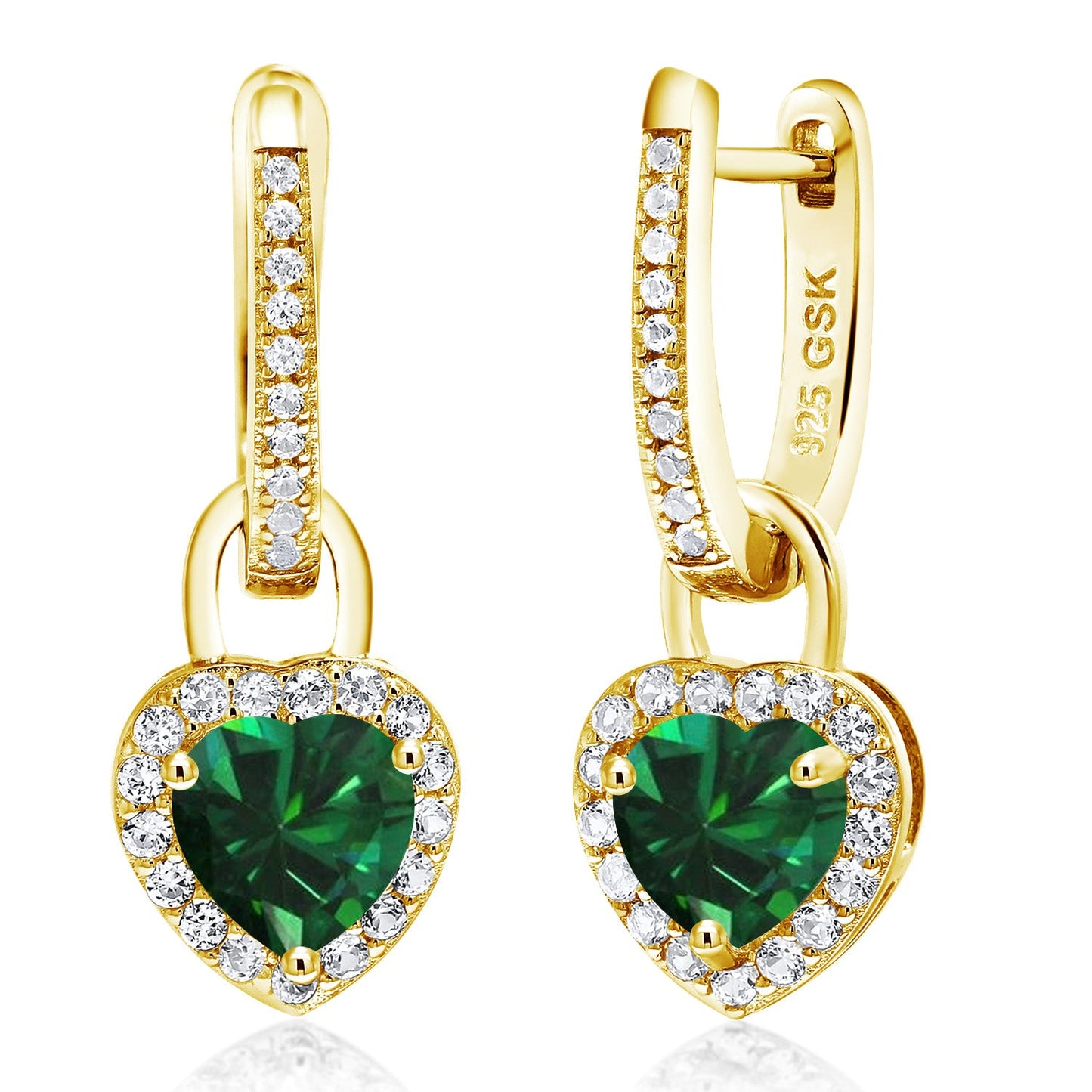 18K Yellow Gold Plated Silver Heart Gemstone Birthstone and White Created Sapphire Earrings | Heart Shape 6MM | Drop Dangle Earrings for Women