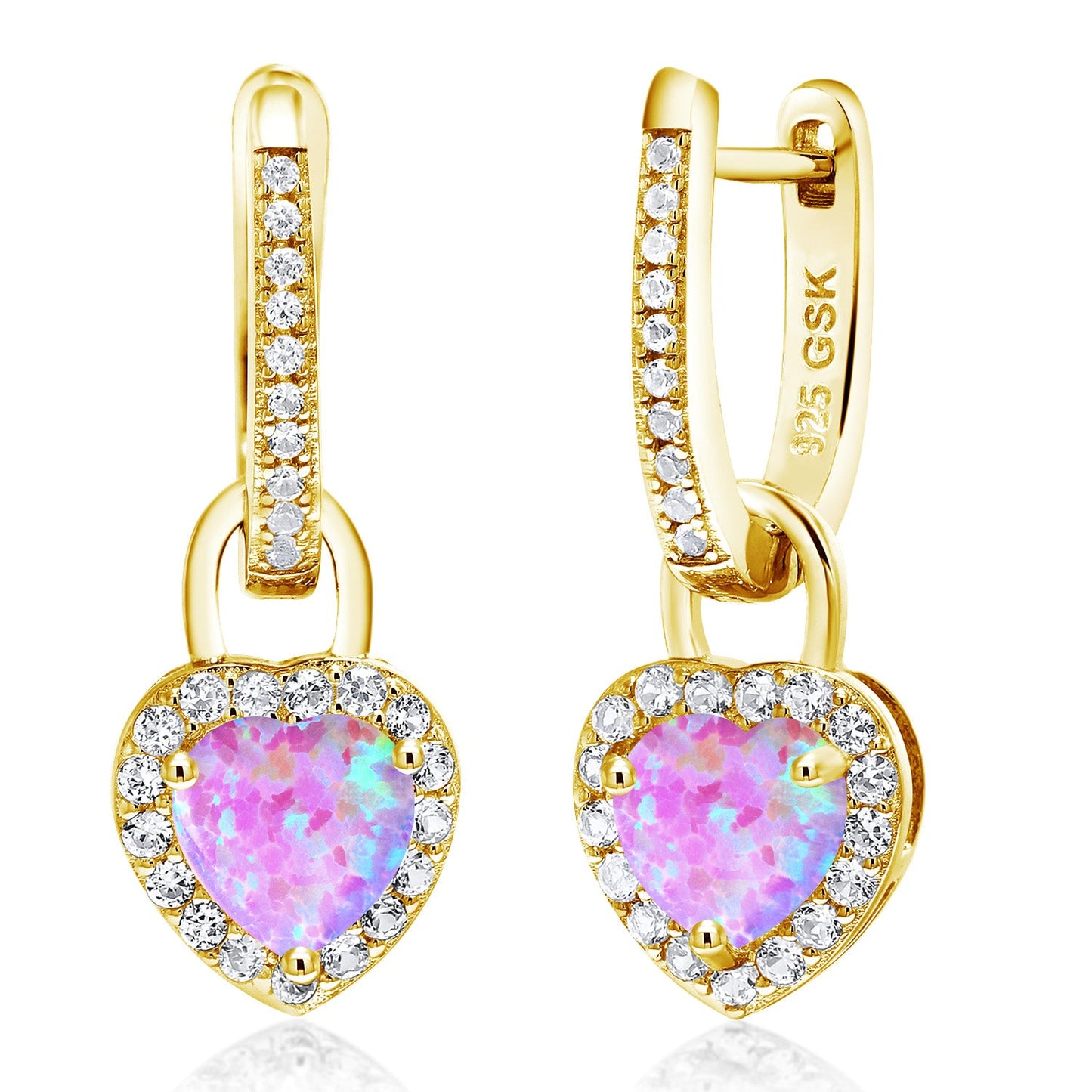 18K Yellow Gold Plated Silver Heart Gemstone Birthstone and White Created Sapphire Earrings | Heart Shape 6MM | Drop Dangle Earrings for Women