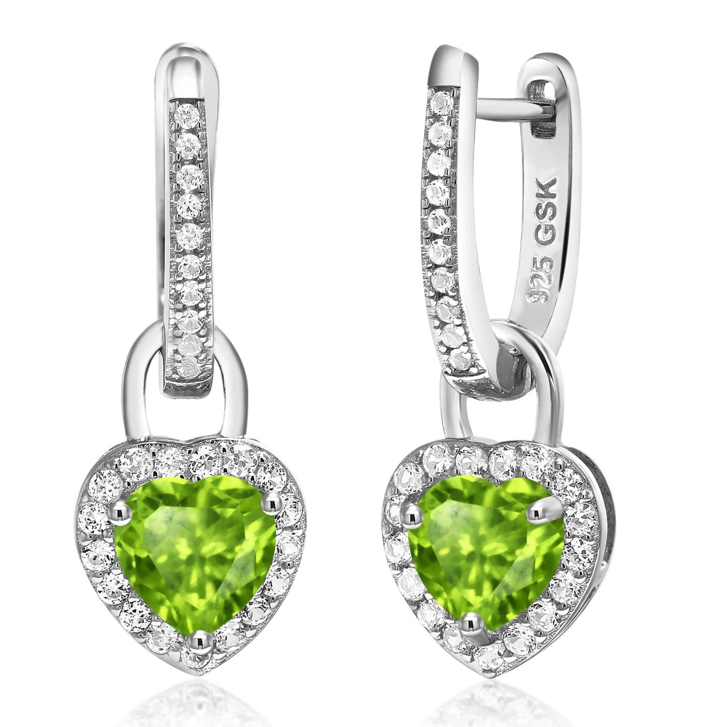 6MM Heart Shape Gemstone Birthstone and White Created Sapphire Heart Earrings | 925 Sterling Silver | Drop Dangle Earrings for Women