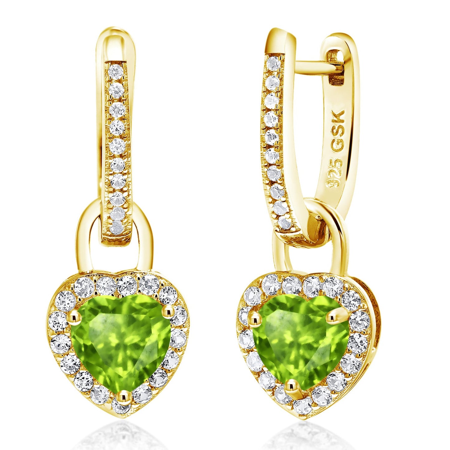 18K Yellow Gold Plated Silver Heart Gemstone Birthstone and White Created Sapphire Earrings | Heart Shape 6MM | Drop Dangle Earrings for Women