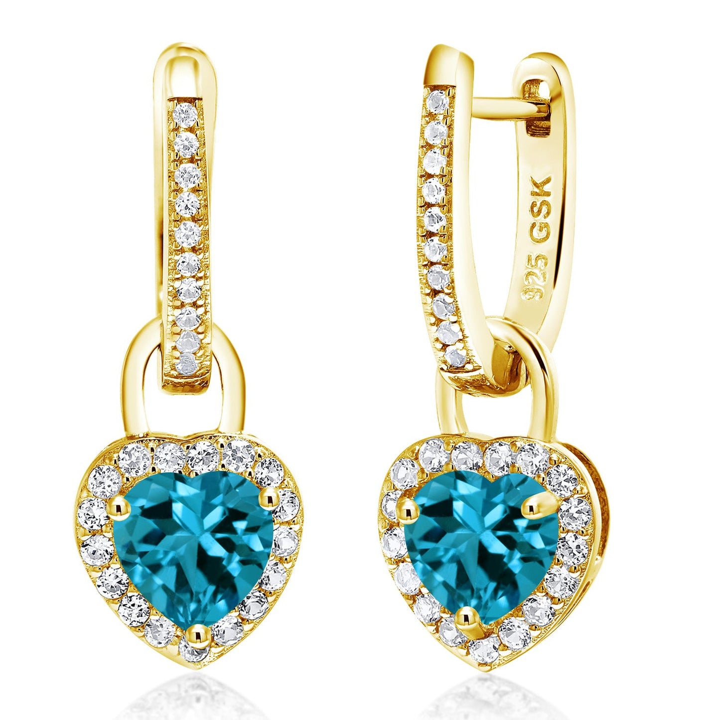 18K Yellow Gold Plated Silver Heart Gemstone Birthstone and White Created Sapphire Earrings | Heart Shape 6MM | Drop Dangle Earrings for Women