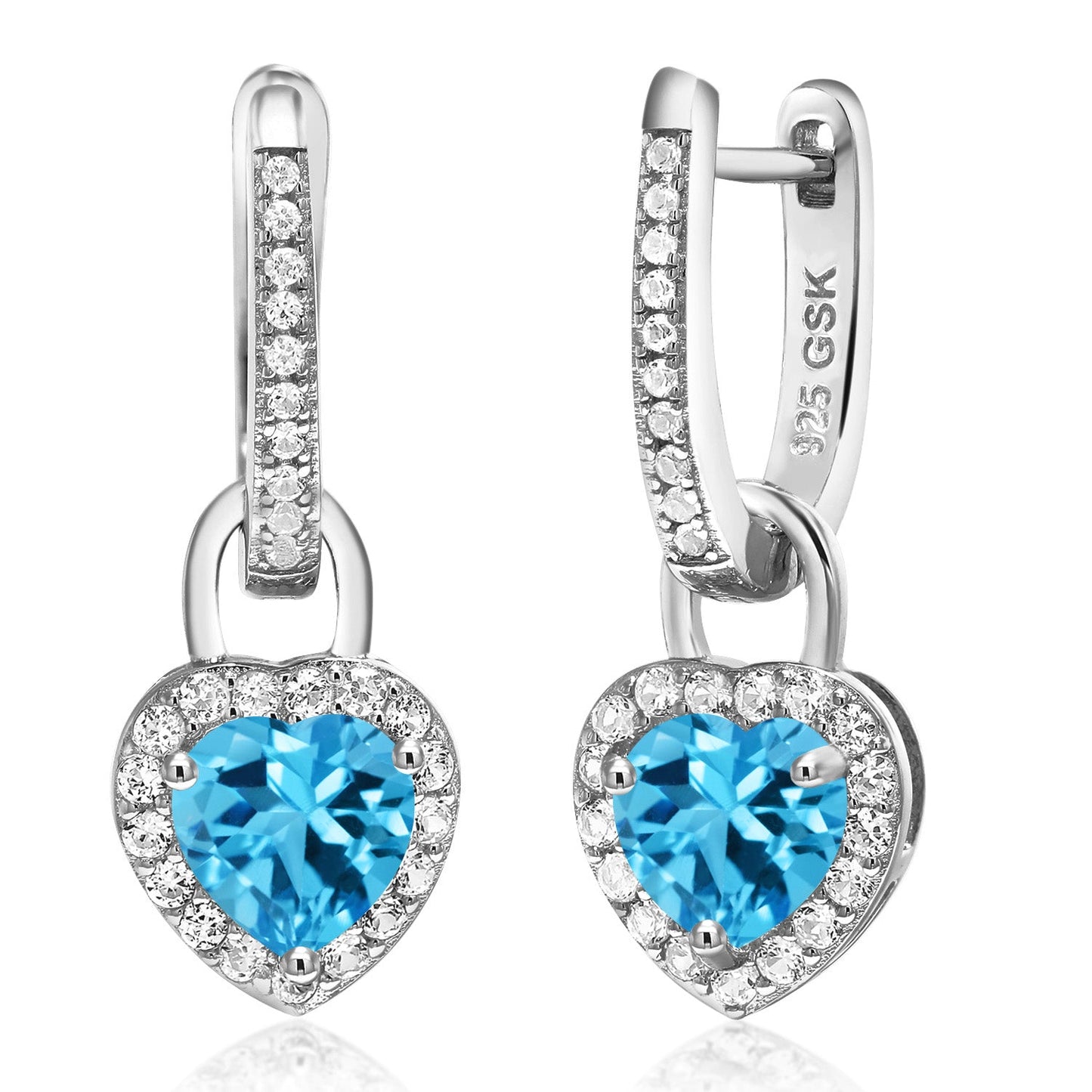 6MM Heart Shape Gemstone Birthstone and White Created Sapphire Heart Earrings | 925 Sterling Silver | Drop Dangle Earrings for Women