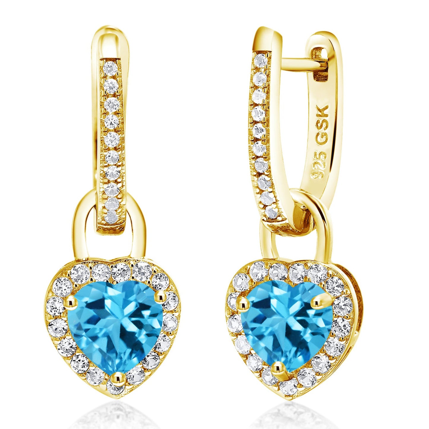 18K Yellow Gold Plated Silver Heart Gemstone Birthstone and White Created Sapphire Earrings | Heart Shape 6MM | Drop Dangle Earrings for Women