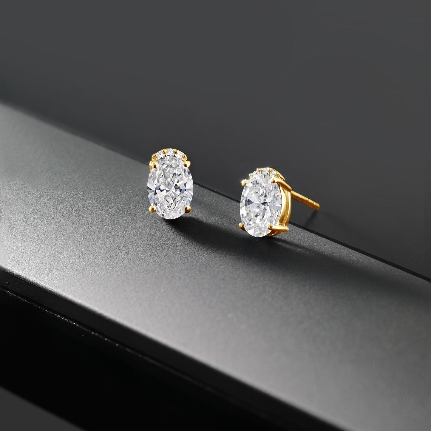 18K Yellow Gold Plated Silver Gemstone Birthstone and Round White Lab Grown Diamond Stud Earrings For Women | Oval 7X5MM | Fine Jewelry for Her Mom Women Wife