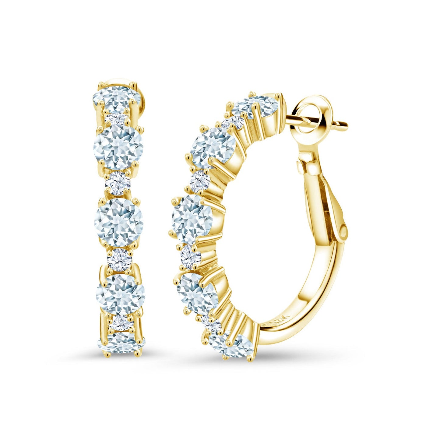 18K Yellow Gold Plated Silver Gemstone Birthstone and White Zirconia Hoop Earrings for Women | Round Cut 4MM and 1.9MM Stones | 1 Inch Diameter Hoops | Fine Jewelry for Her Mom Wife Women