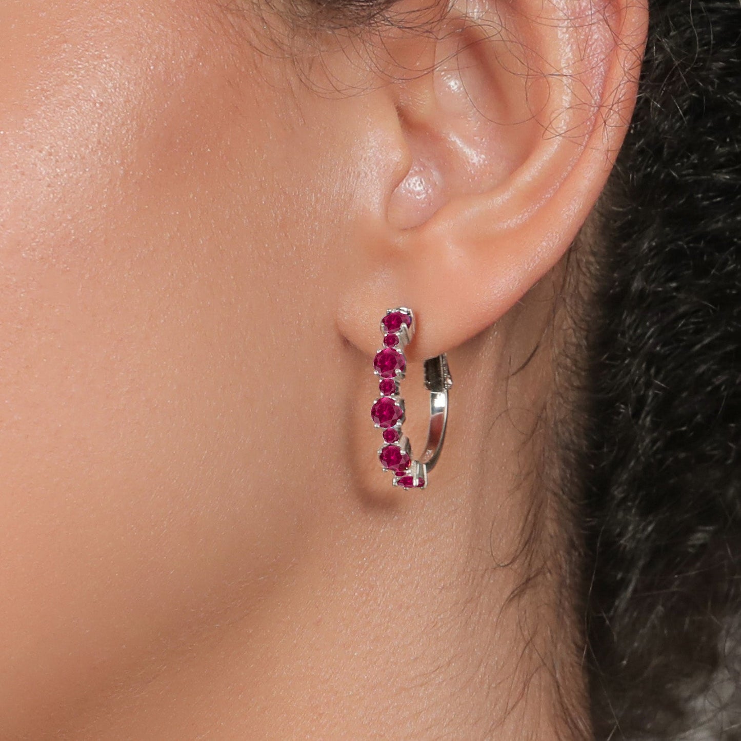 925 Sterling Silver Gemstone Birthstone Hoop Earrings for Women | Alternating Round 4MM and 1.9MM Stones | Elegant Graduated Design | Fine Jewelry Earrings | 1 Inch Diameter Hoops