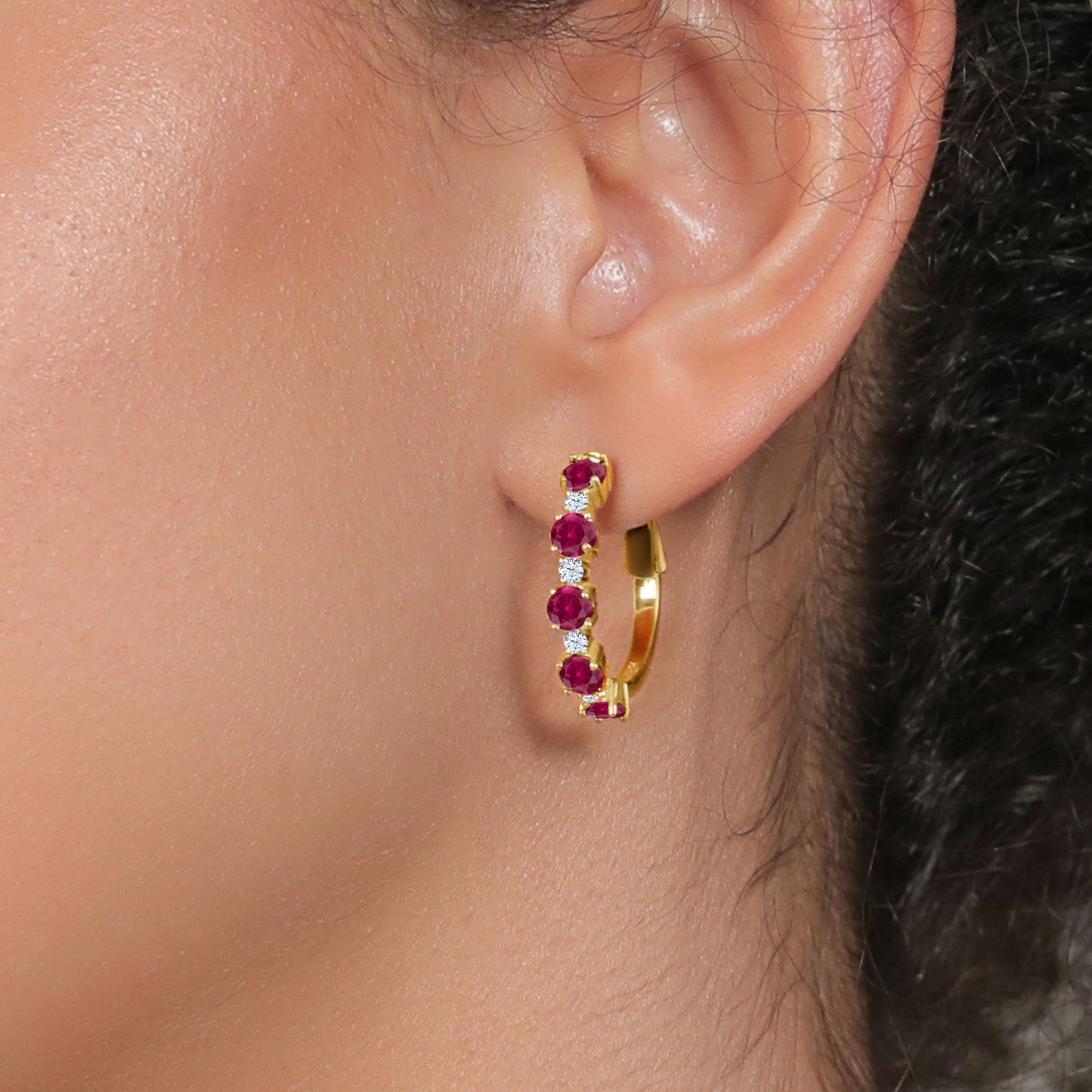 18K Yellow Gold Plated Silver Gemstone Birthstone and White Zirconia Hoop Earrings for Women | Round Cut 4MM and 1.9MM Stones | 1 Inch Diameter Hoops | Fine Jewelry for Her Mom Wife Women