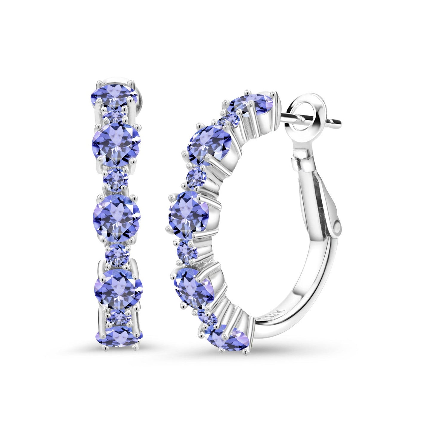 925 Sterling Silver Gemstone Birthstone Hoop Earrings for Women | Alternating Round 4MM and 1.9MM Stones | Elegant Graduated Design | Fine Jewelry Earrings | 1 Inch Diameter Hoops