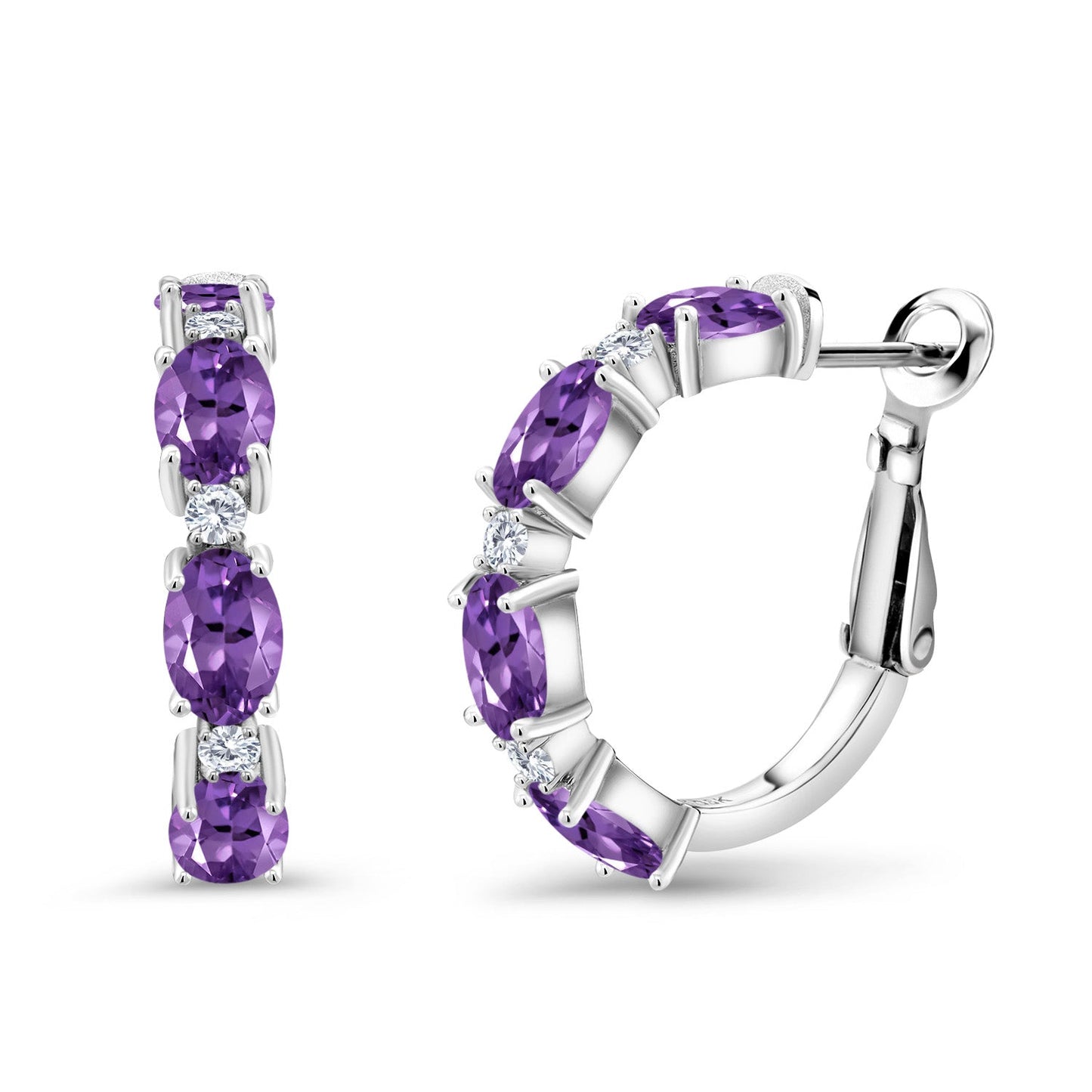 925 Sterling Silver Oval Gemstone Birthstone and White Lab Grown Diamond Accent Hoop Earrings For Women | Oval 6X4MM and Round 2MM | 20MM = 0.80 Inch | Fine Jewelry for Her Mom Women Wife