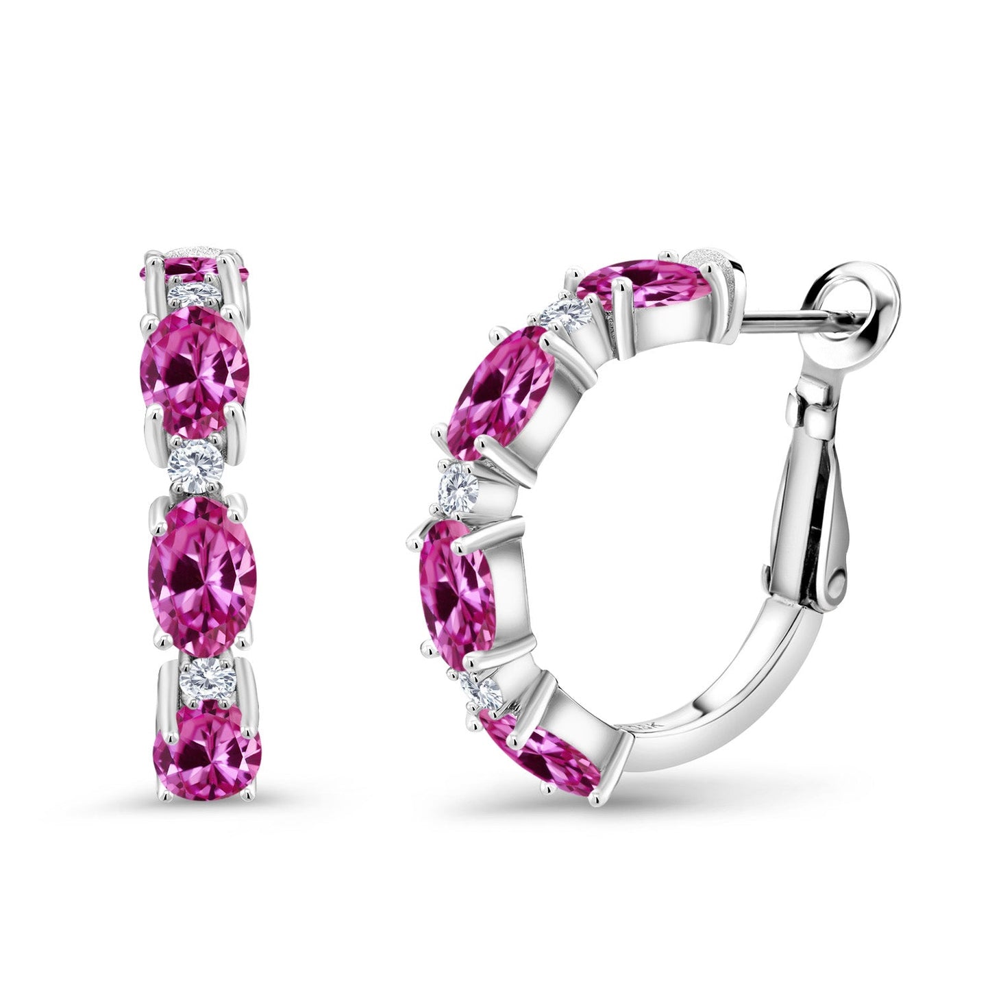 925 Sterling Silver Oval Gemstone Birthstone and White Lab Grown Diamond Accent Hoop Earrings For Women | Oval 6X4MM and Round 2MM | 20MM = 0.80 Inch | Fine Jewelry for Her Mom Women Wife