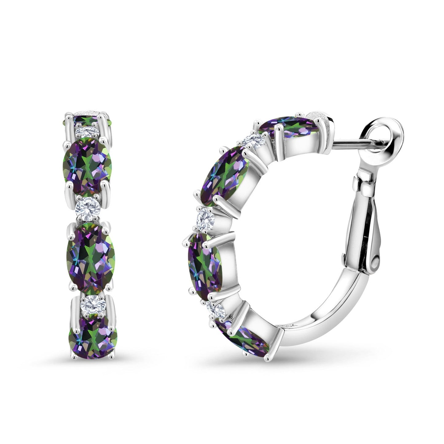 925 Sterling Silver Oval Gemstone Birthstone and White Lab Grown Diamond Accent Hoop Earrings For Women | Oval 6X4MM and Round 2MM | 20MM = 0.80 Inch | Fine Jewelry for Her Mom Women Wife
