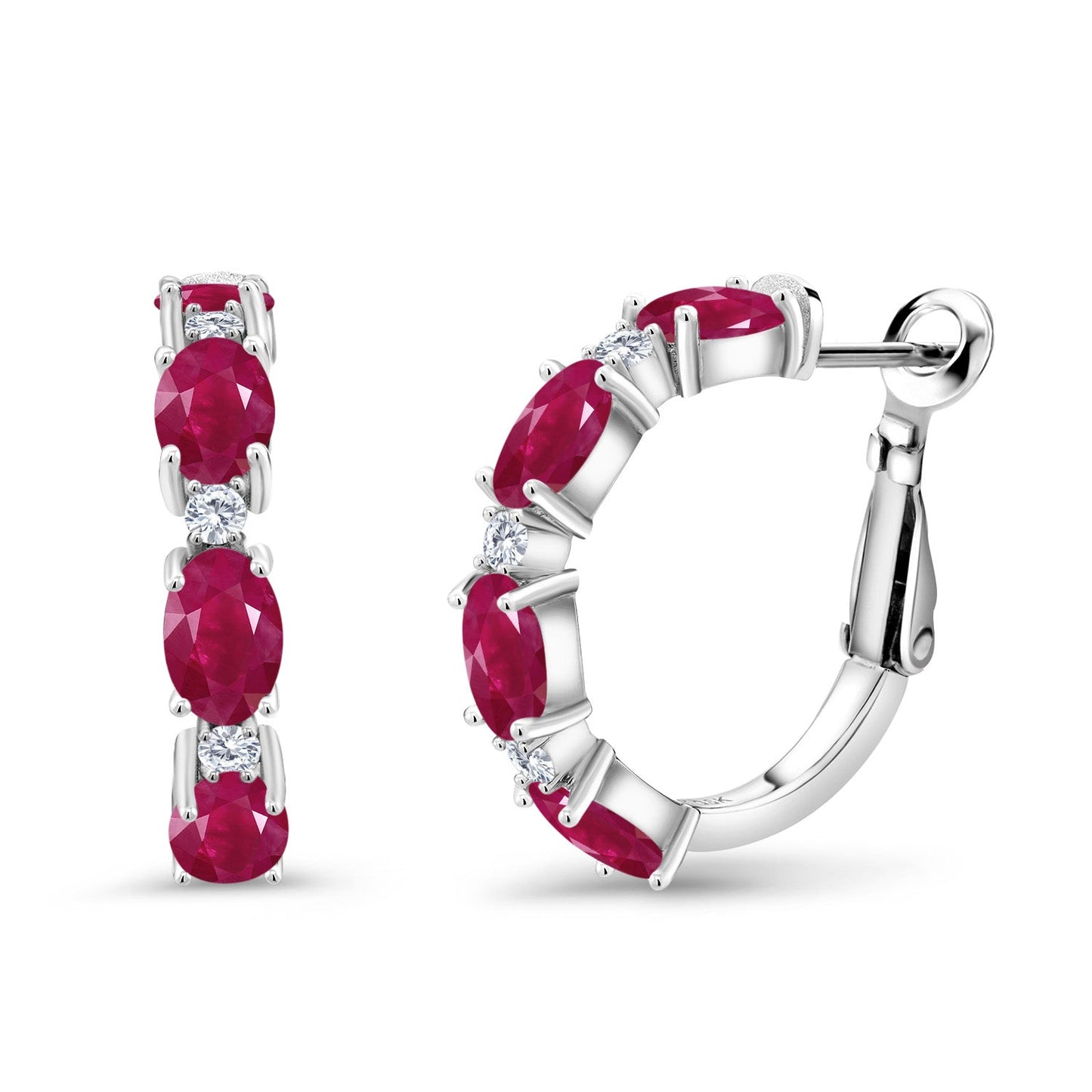 925 Sterling Silver Oval Gemstone Birthstone and White Lab Grown Diamond Accent Hoop Earrings For Women | Oval 6X4MM and Round 2MM | 20MM = 0.80 Inch | Fine Jewelry for Her Mom Women Wife