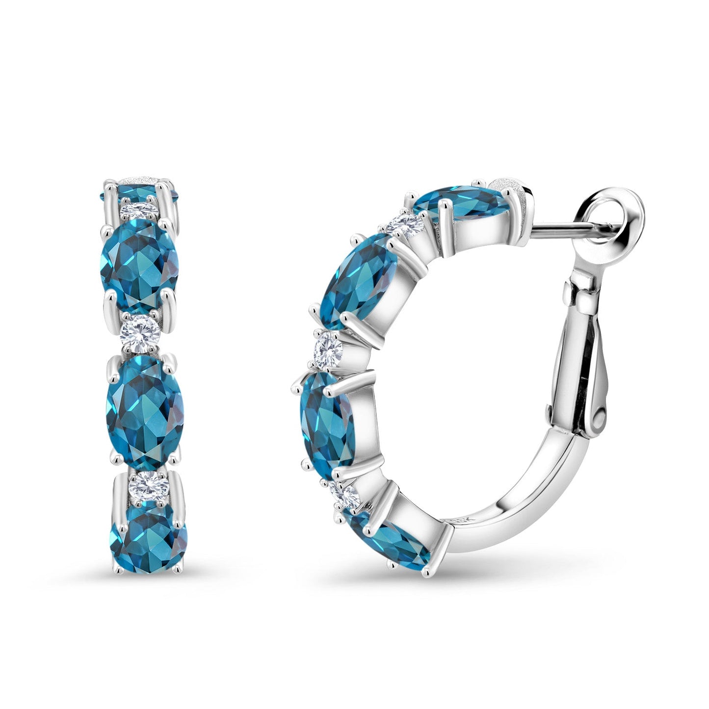 925 Sterling Silver Oval Gemstone Birthstone and White Lab Grown Diamond Accent Hoop Earrings For Women | Oval 6X4MM and Round 2MM | 20MM = 0.80 Inch | Fine Jewelry for Her Mom Women Wife