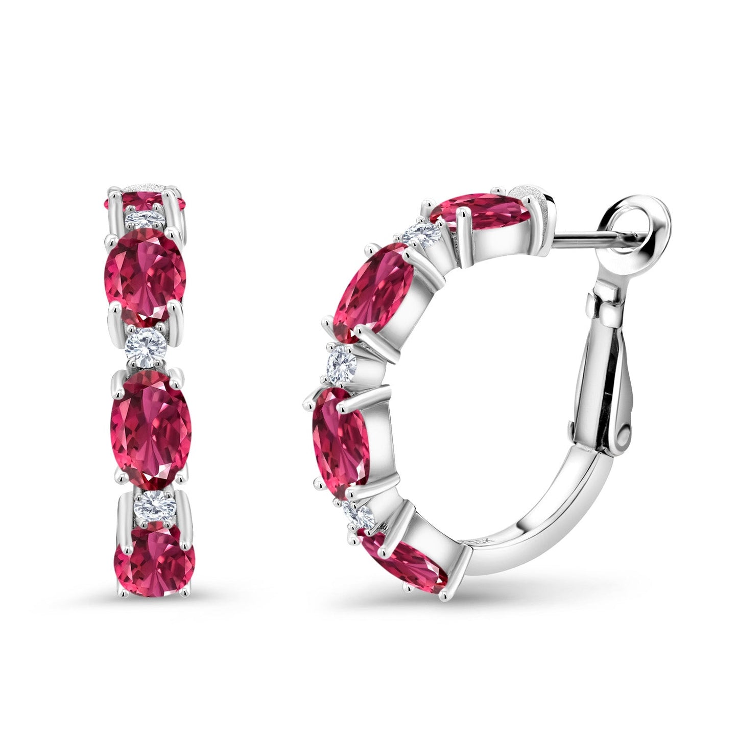 925 Sterling Silver Oval Gemstone Birthstone and White Lab Grown Diamond Accent Hoop Earrings For Women | Oval 6X4MM and Round 2MM | 20MM = 0.80 Inch | Fine Jewelry for Her Mom Women Wife