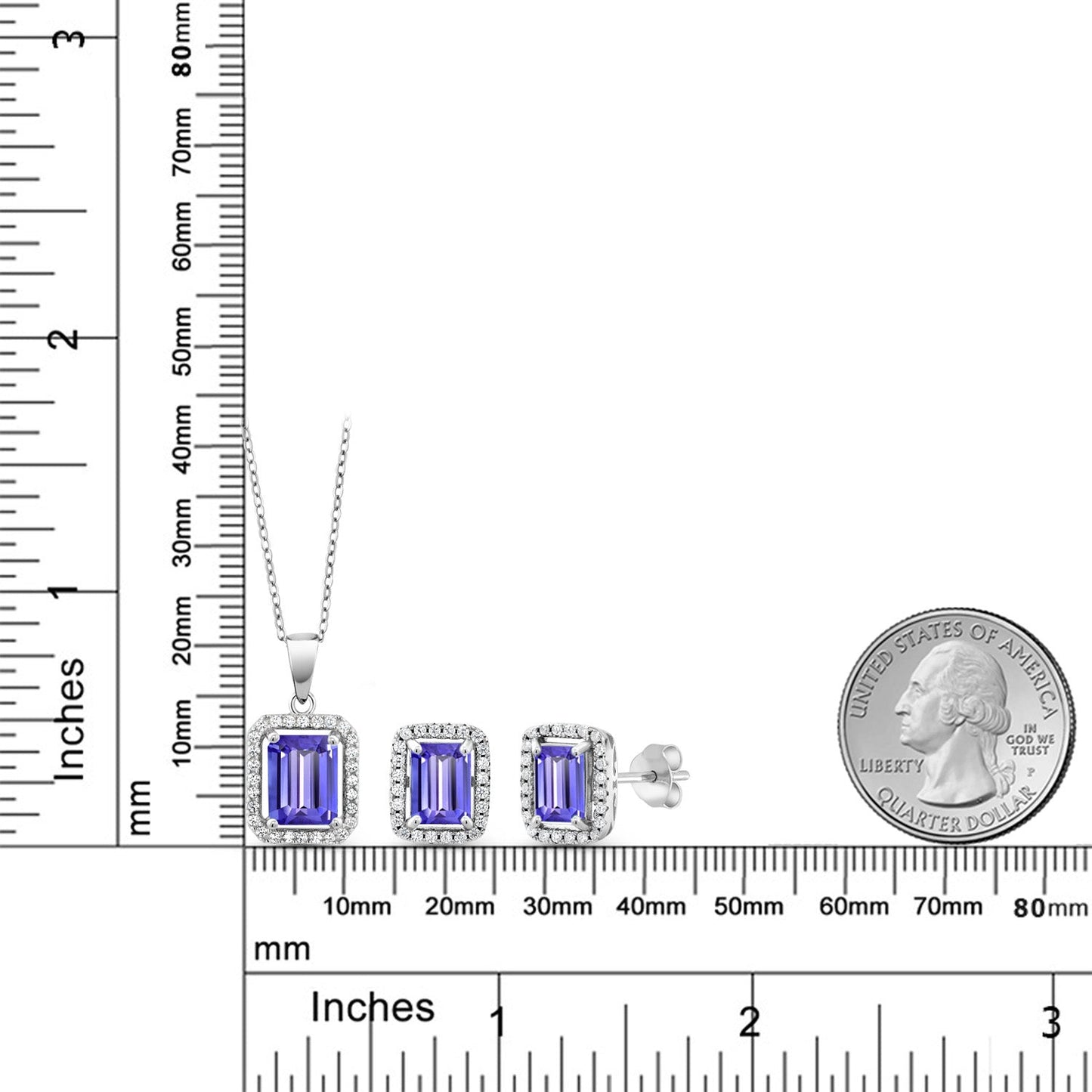 9X7MM and 8X6MM Emerald Cut Gemstone Birthstone Halo Pendant and Halo Earrings Jewelry Set For Women | 925 Sterling Silver | With 18 Inch Silver Chain