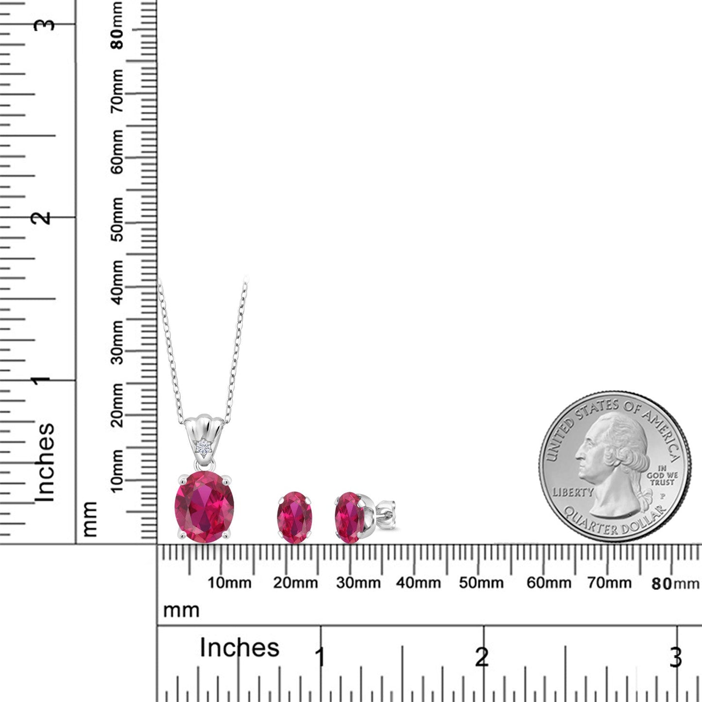 925 Sterling Silver Red Created Ruby and White Lab Grown Diamond Pendant and Earrings Jewelry Set For Women (6.74 Cttw, Gemstone Birthstone, Oval 11X9MM and 8X6MM with 18 Inch Silver Chain)