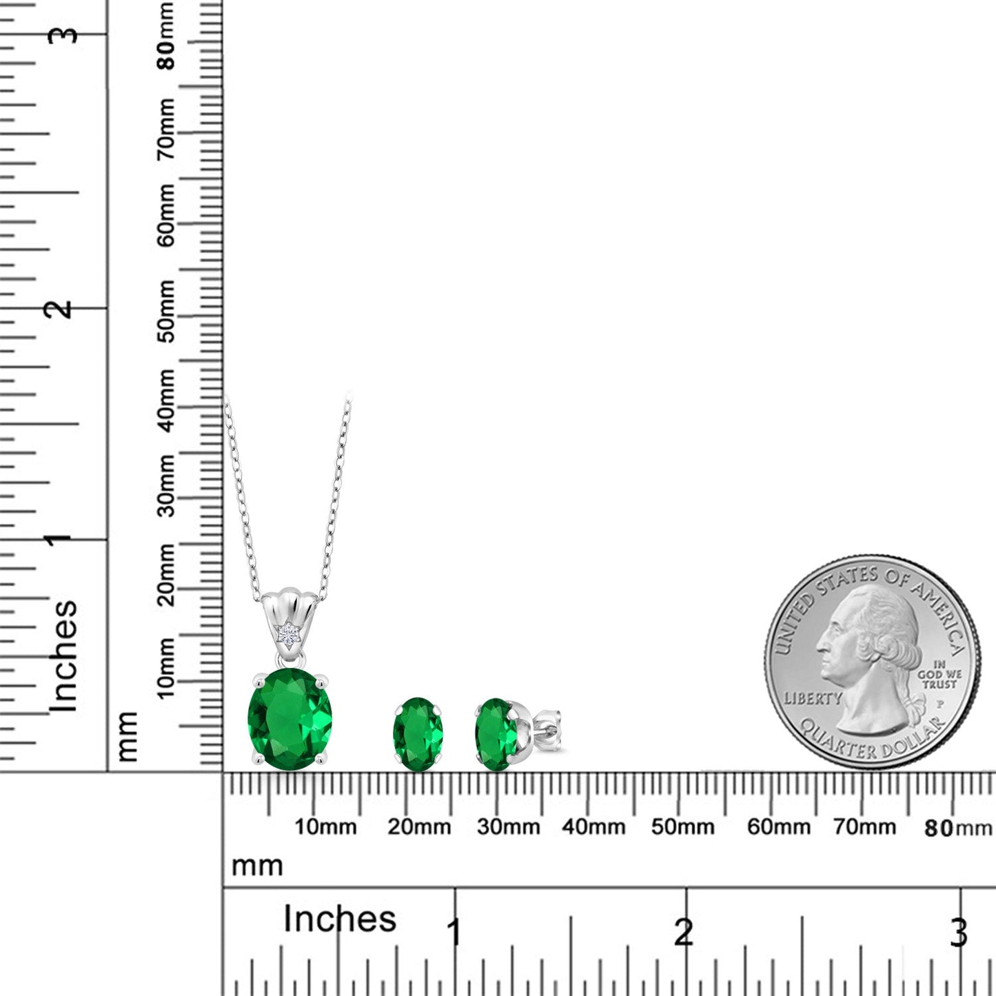 925 Sterling Silver Green Nano Emerald and White Lab Grown Diamond Pendant and Earrings Jewelry Set For Women (4.29 Cttw, Oval 11X9MM and 8X6MM with 18 Inch Silver Chain)