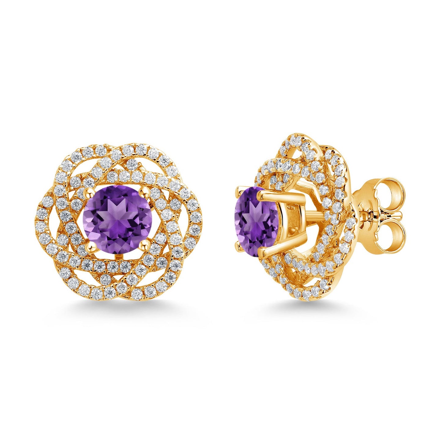 18K Yellow Gold Plated Silver Round 6MM Gemstone Birthstone Stud Earrings with White Moissanite Removable Earrings Jackets For Women