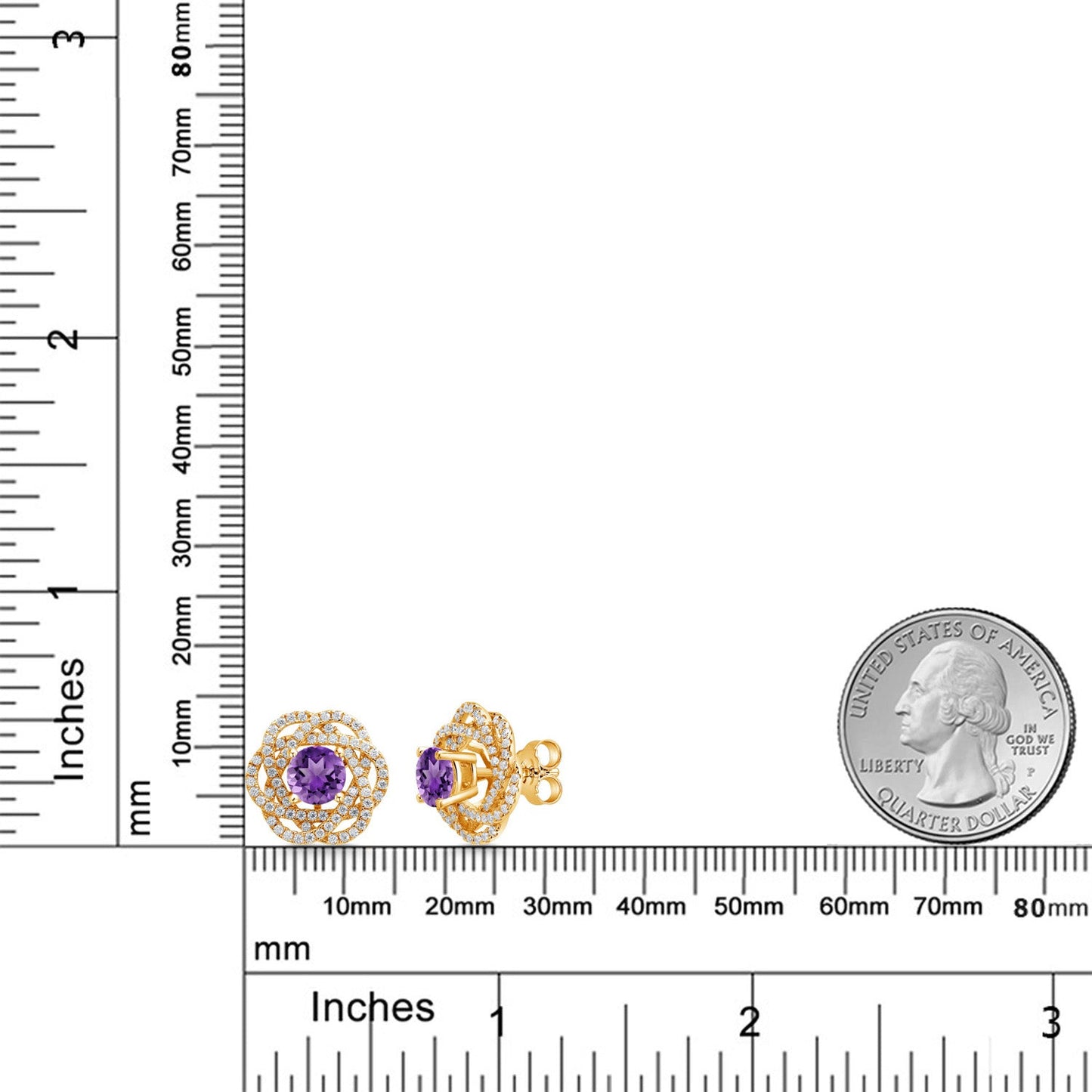 18K Yellow Gold Plated Silver Round 6MM Gemstone Birthstone Stud Earrings with White Moissanite Removable Earrings Jackets For Women